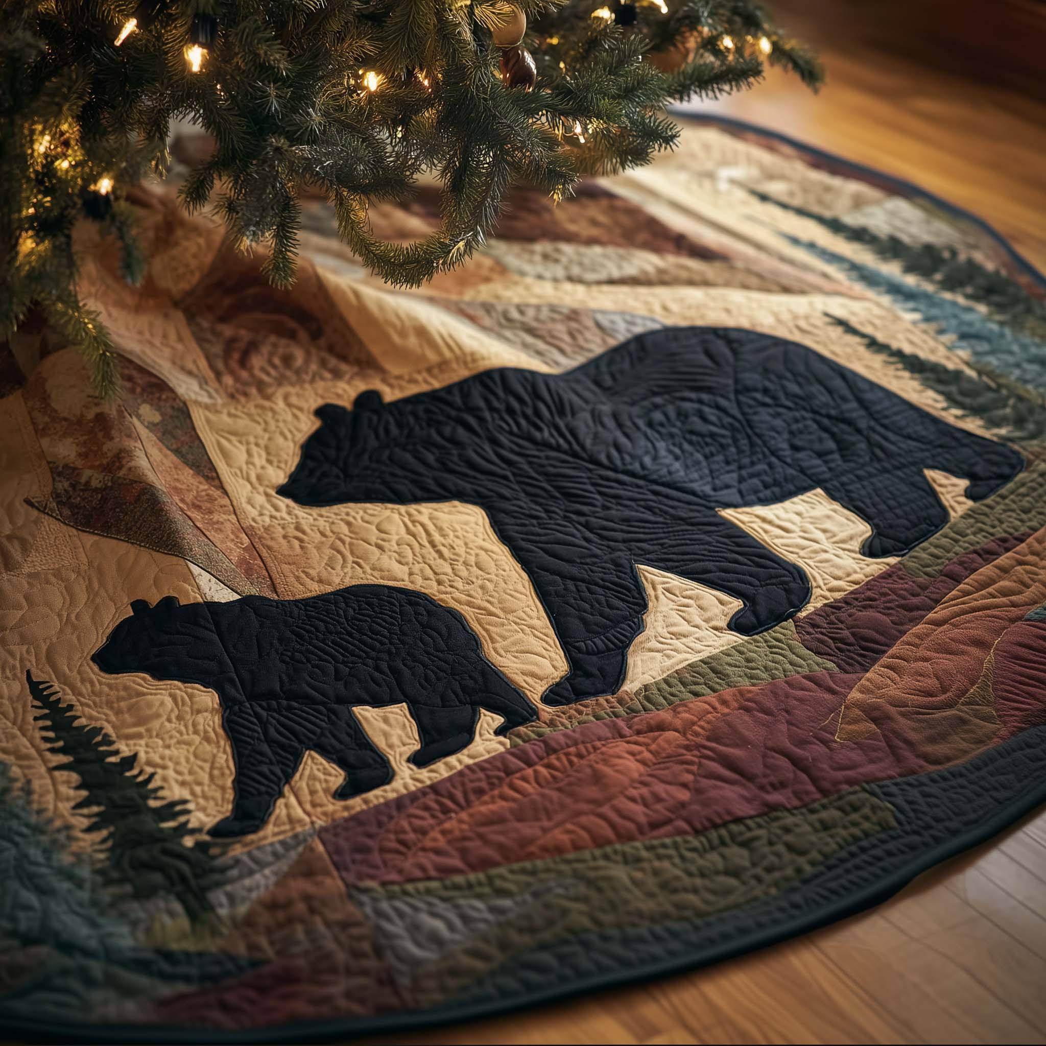 Midnight Bear Quilted Tree Skirt Winter Christmas Home Decor Bear Gifts For Dad