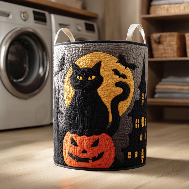 Midnight Black Cat Halloween Quilted Laundry Basket Moon Pumpkin Bats Home Gift For Cat Lovers