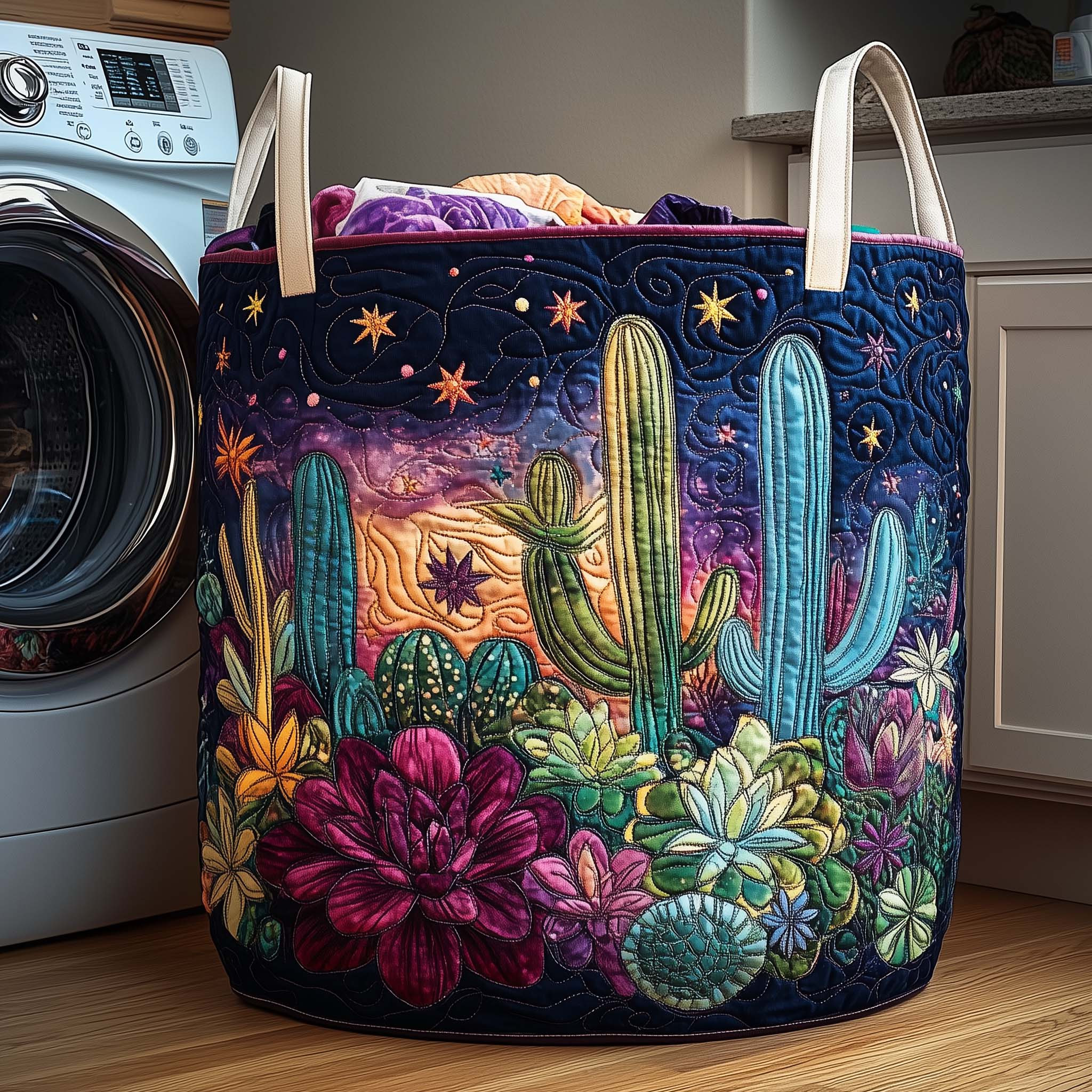 Midnight Bloom Cactus Quilted Laundry Basket Decorative Laundry Basket Plant Lover Gifts