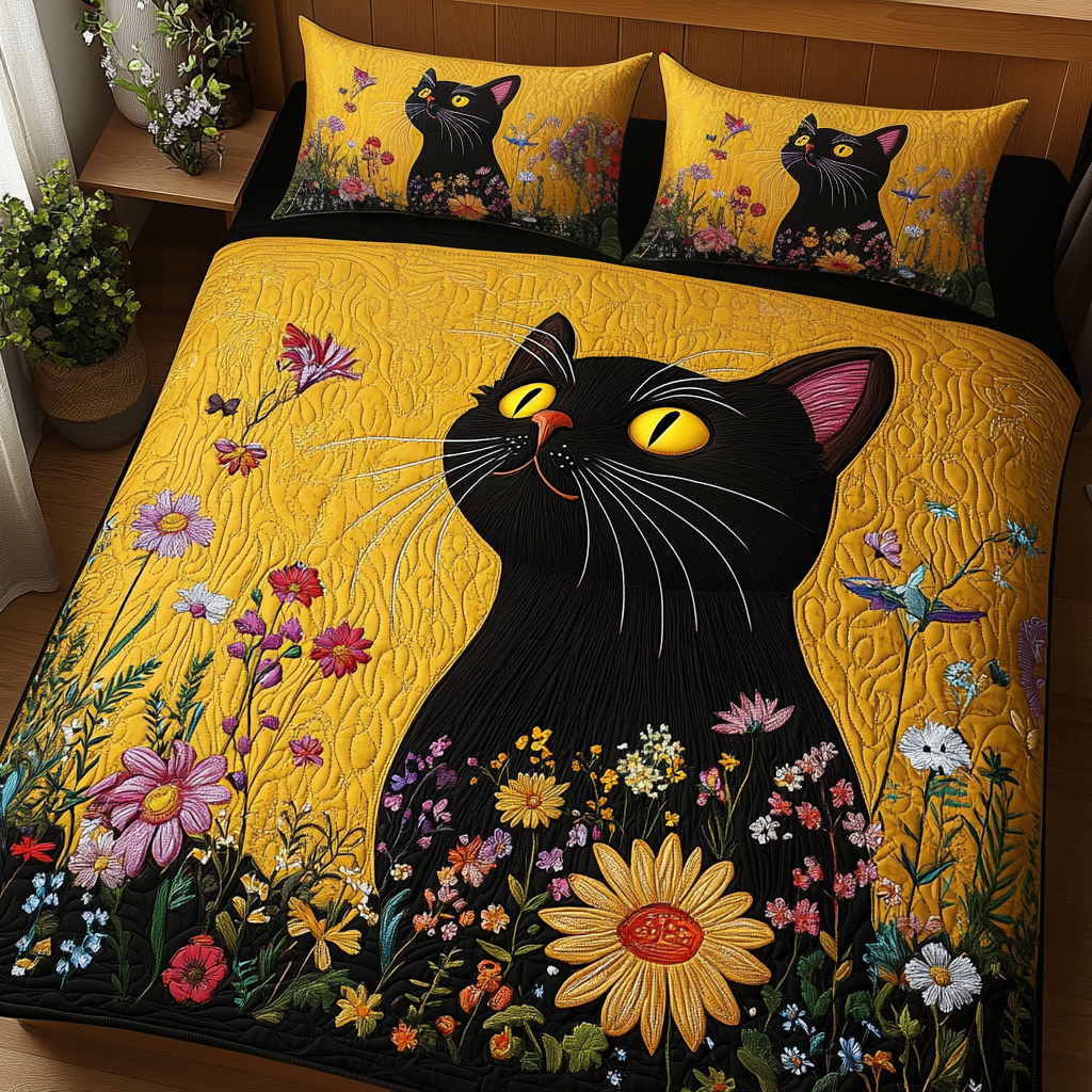 Midnight Bloom Quilted Bedding Set Aesthetic Room Decor Christmas Gifts For Cat Lovers