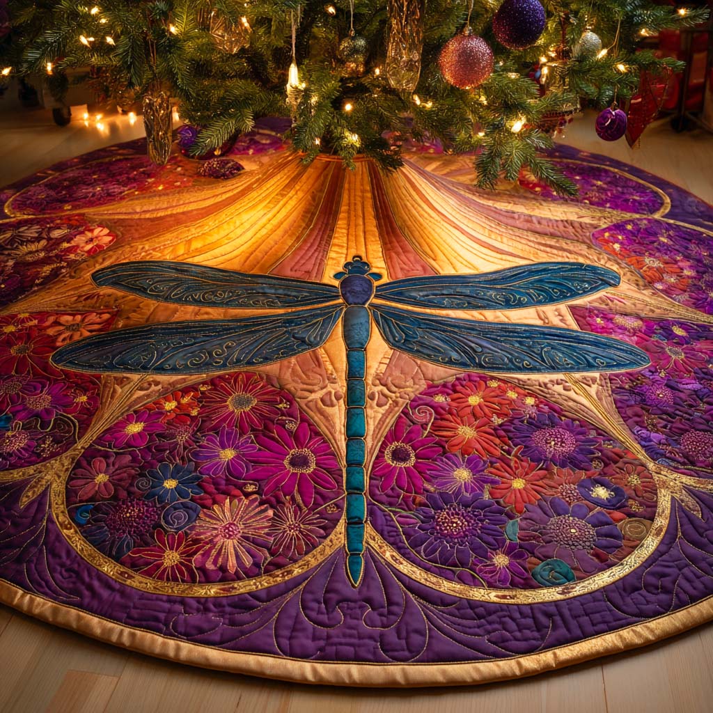 Midnight Bloom Radiance Quilted Tree Skirt Xmas Decorations Christmas Gifts For Dragonfly Lovers