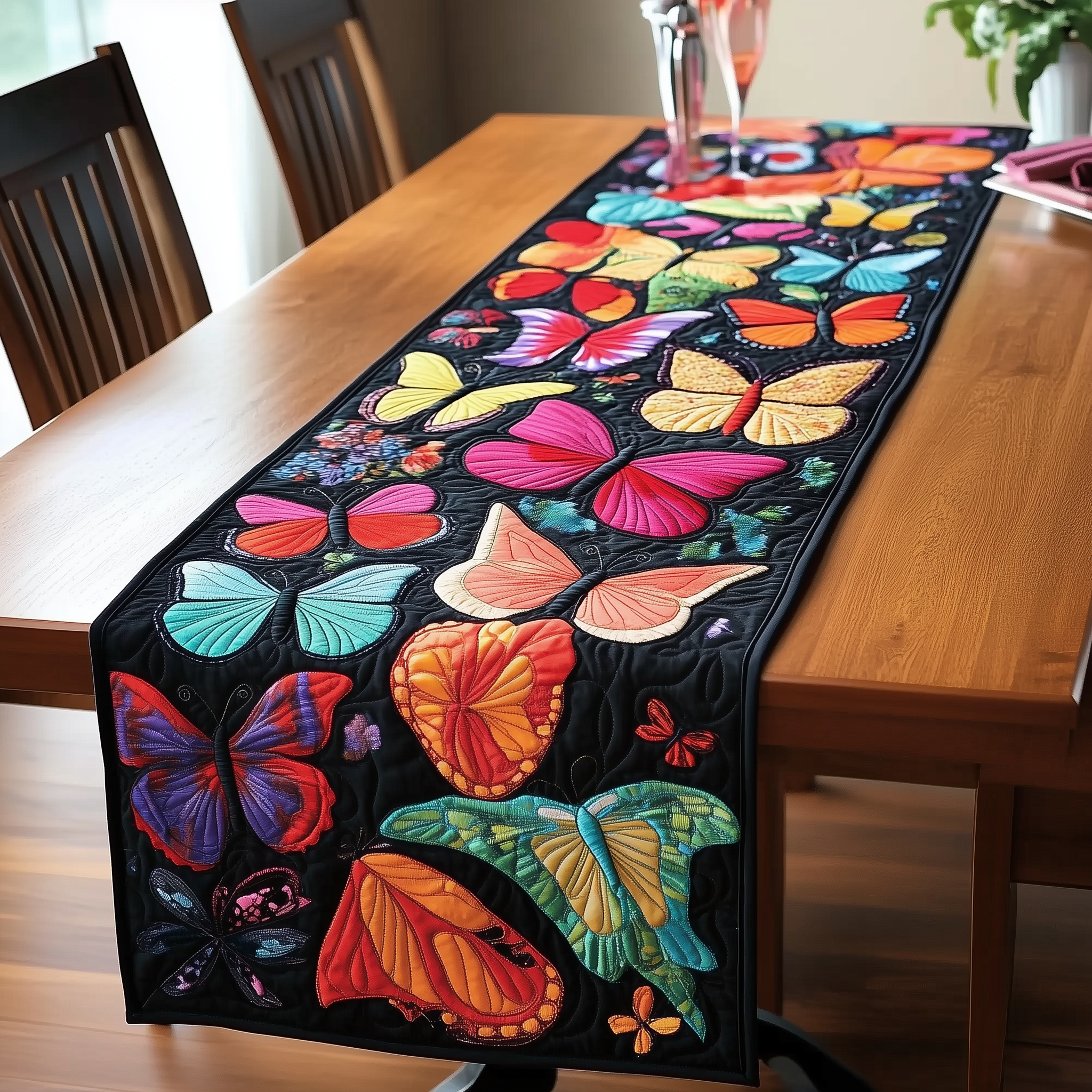 Midnight Butterflies Quilted Table Runner Cute Modern Table Runner Gifts For Butterfly Lovers