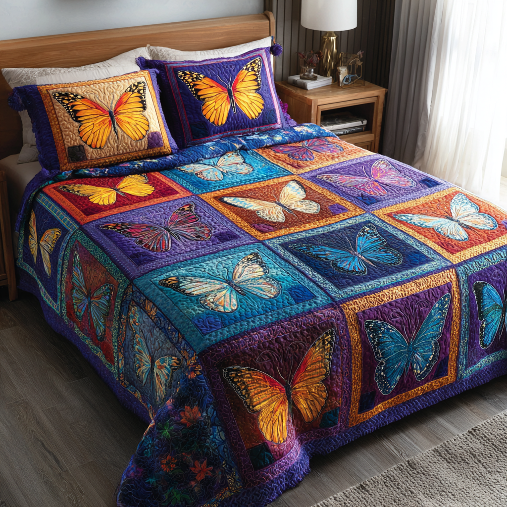 Midnight Butterfly Quilted Bedding Set Bed Room Decoration Gift For Butterfly Lover