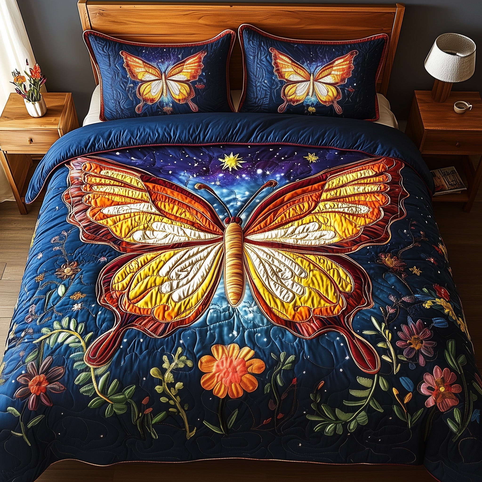 Midnight Butterfly Quilted Bedding Set Machine Washable