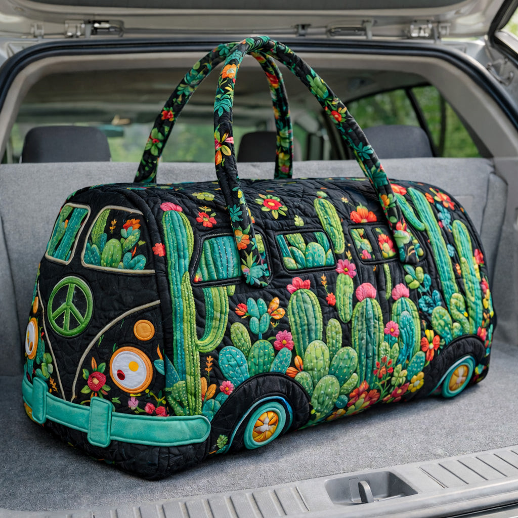 Midnight Cactus Camper Van Quilted Duffle Bag Floral Boho Travel Bag Best Gift For Cactus Lovers