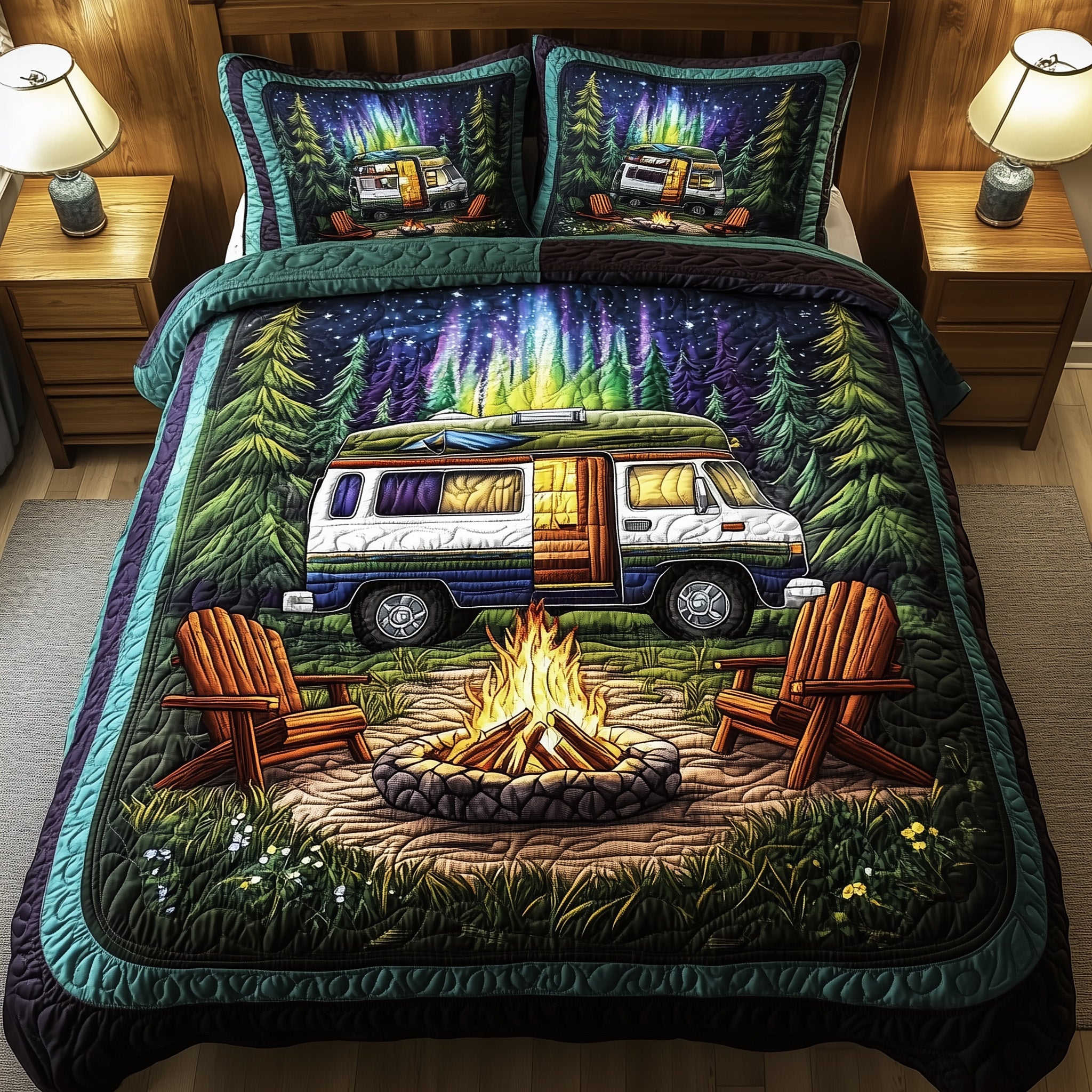 Midnight Camping Quilted Bedding Set Duvet Cover Merchandise Awesome Gifts For Camping Lovers