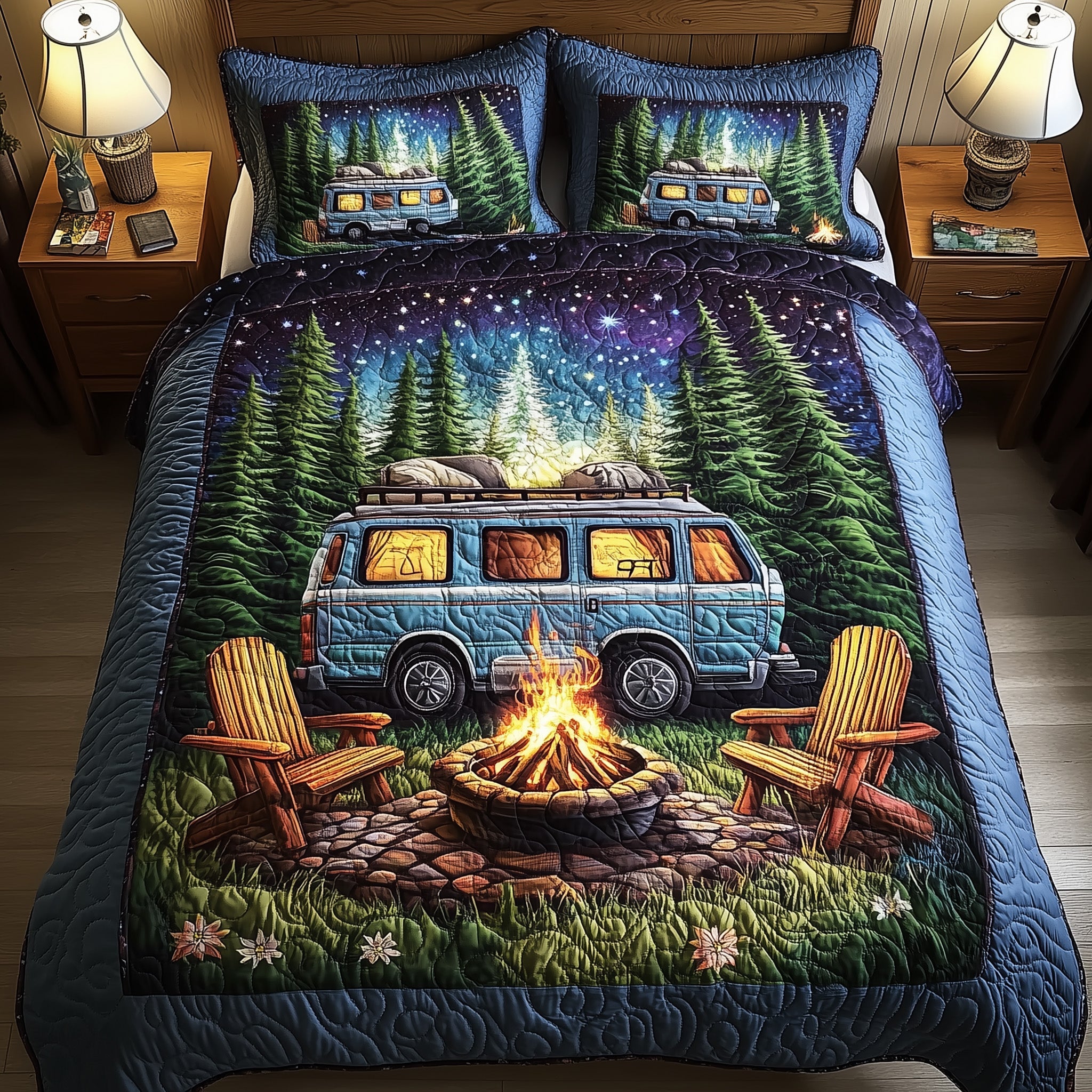 Midnight Camping Quilted Bedding Set Duvet Cover Merchandise Camping Gifts For Friends