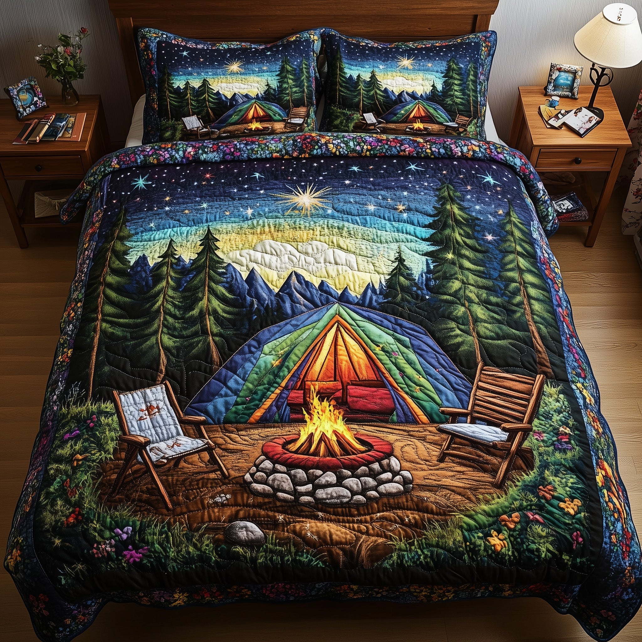 Midnight Camping Quilted Bedding Set Duvet Cover Merchandise Camping Themed Christmas Gifts