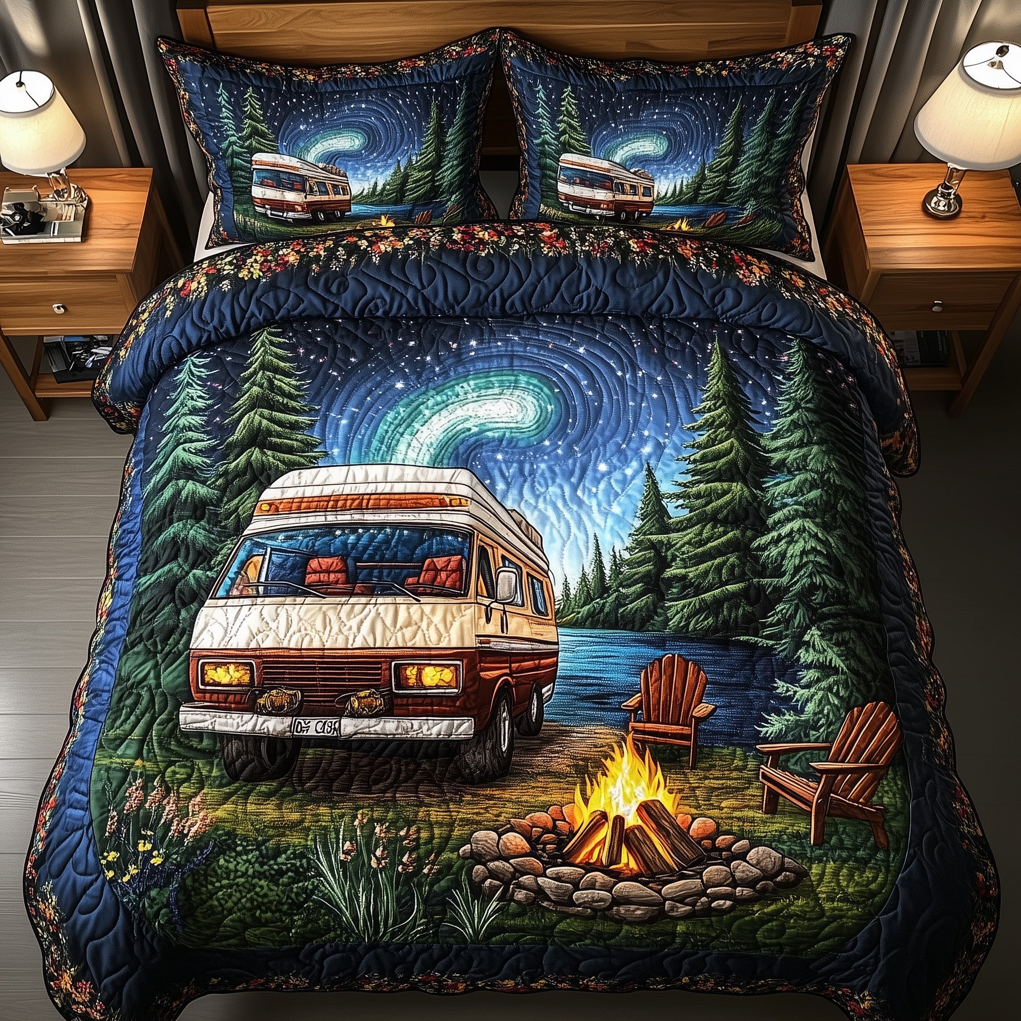 Midnight Camping Quilted Bedding Set Duvet Cover Merchandise Camping Themed Gifts For Adults