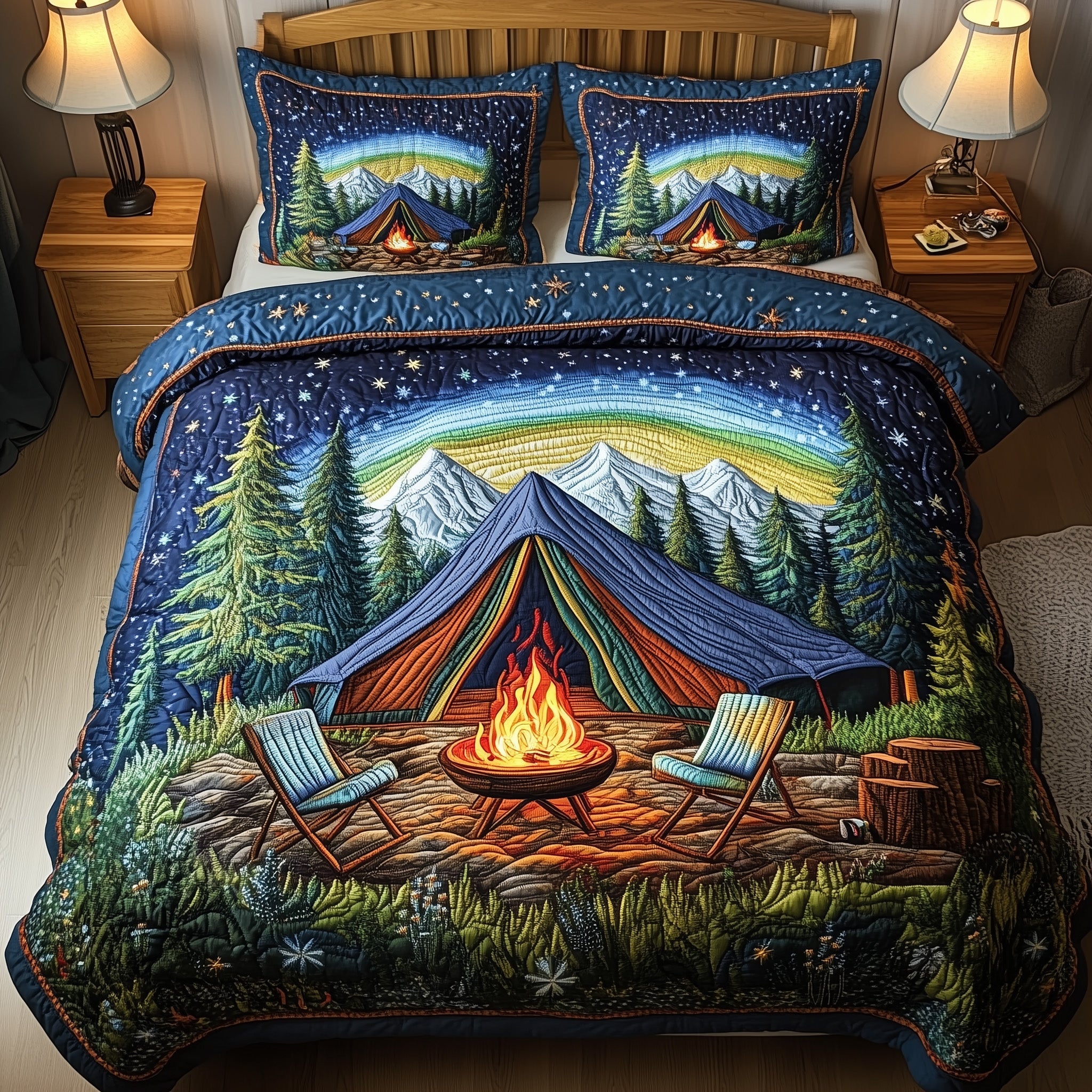 Midnight Camping Quilted Bedding Set Duvet Cover Merchandise Camping Themed Presents
