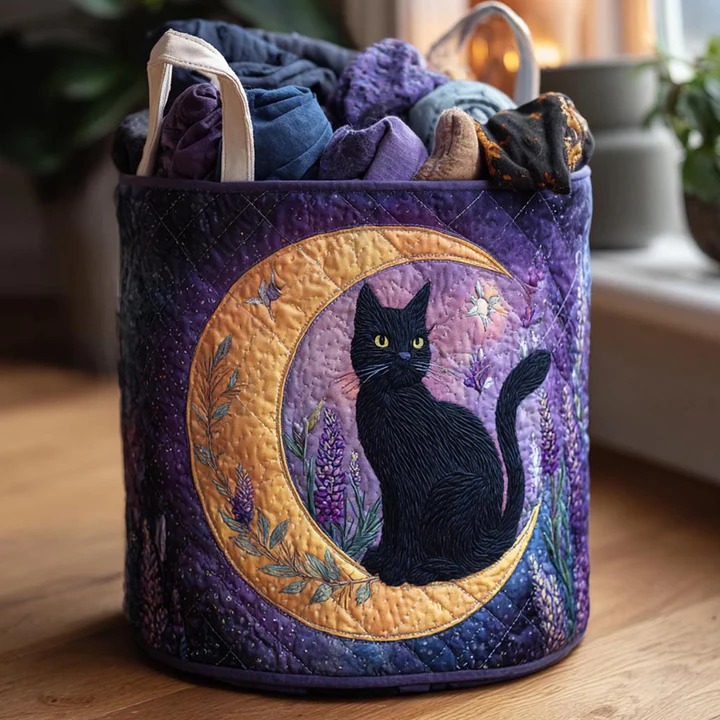 Midnight Cat Celestial Quilted Laundry Basket Boho Night Sky Cat Home Storage Gift For Cat Lovers