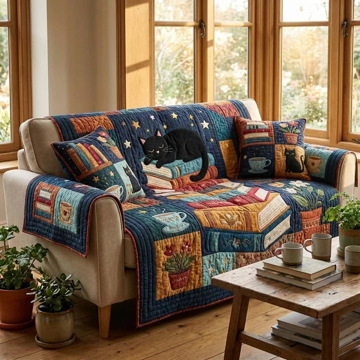 Midnight Cat Library Quilted Sofa Cover Cat Lover Home Decor Gift For Cozy Living Room