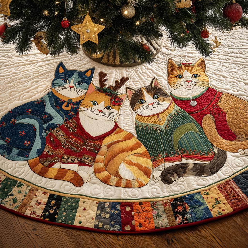 Midnight Cat Parade Quilted Tree Skirt Animal Themed Christmas Gifts For Cat Enthusiasts