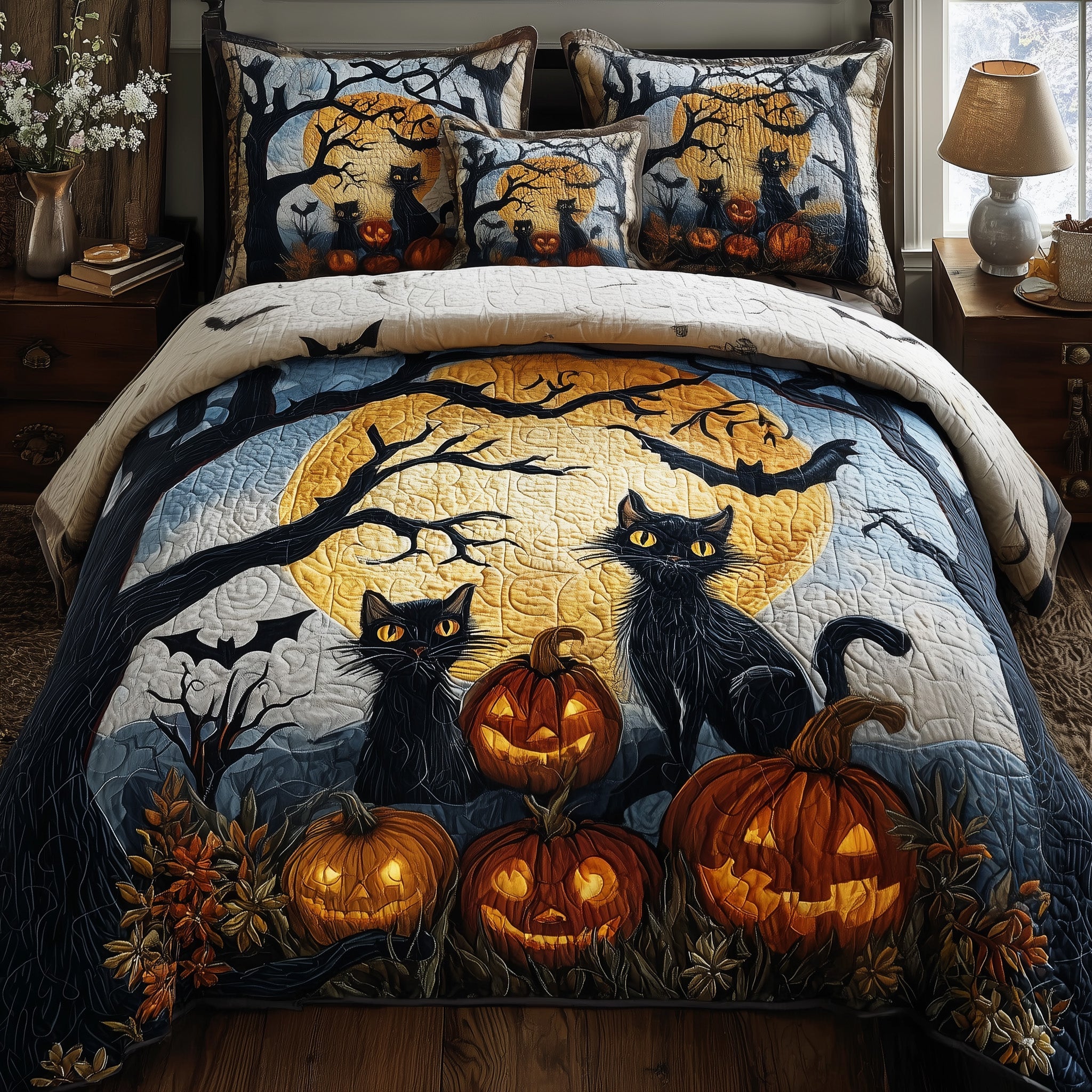 Midnight Cat Quilted Bedding Set All-Season