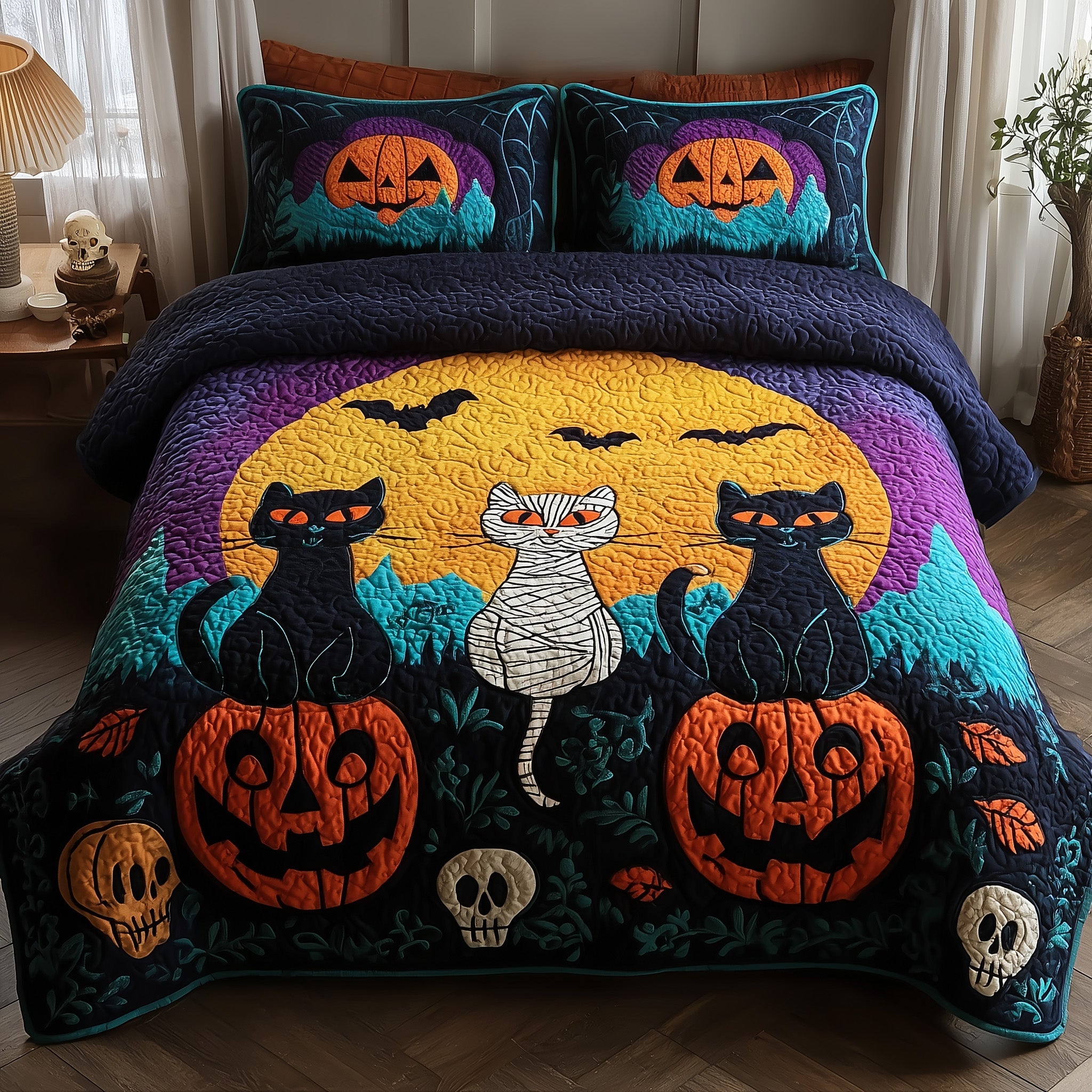 Midnight Cat Quilted Bedding Set Breathable