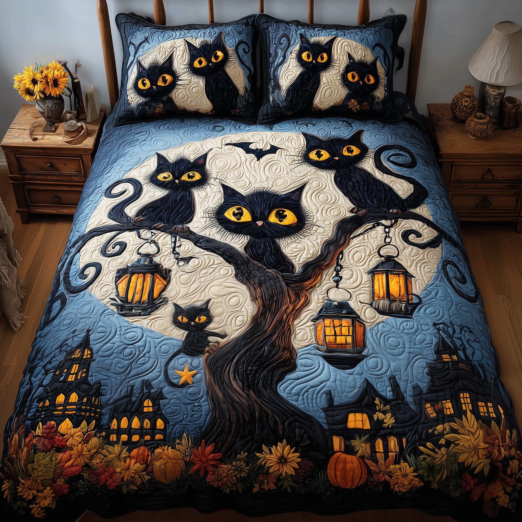 Midnight Cat Quilted Bedding Set Home Decor Collection