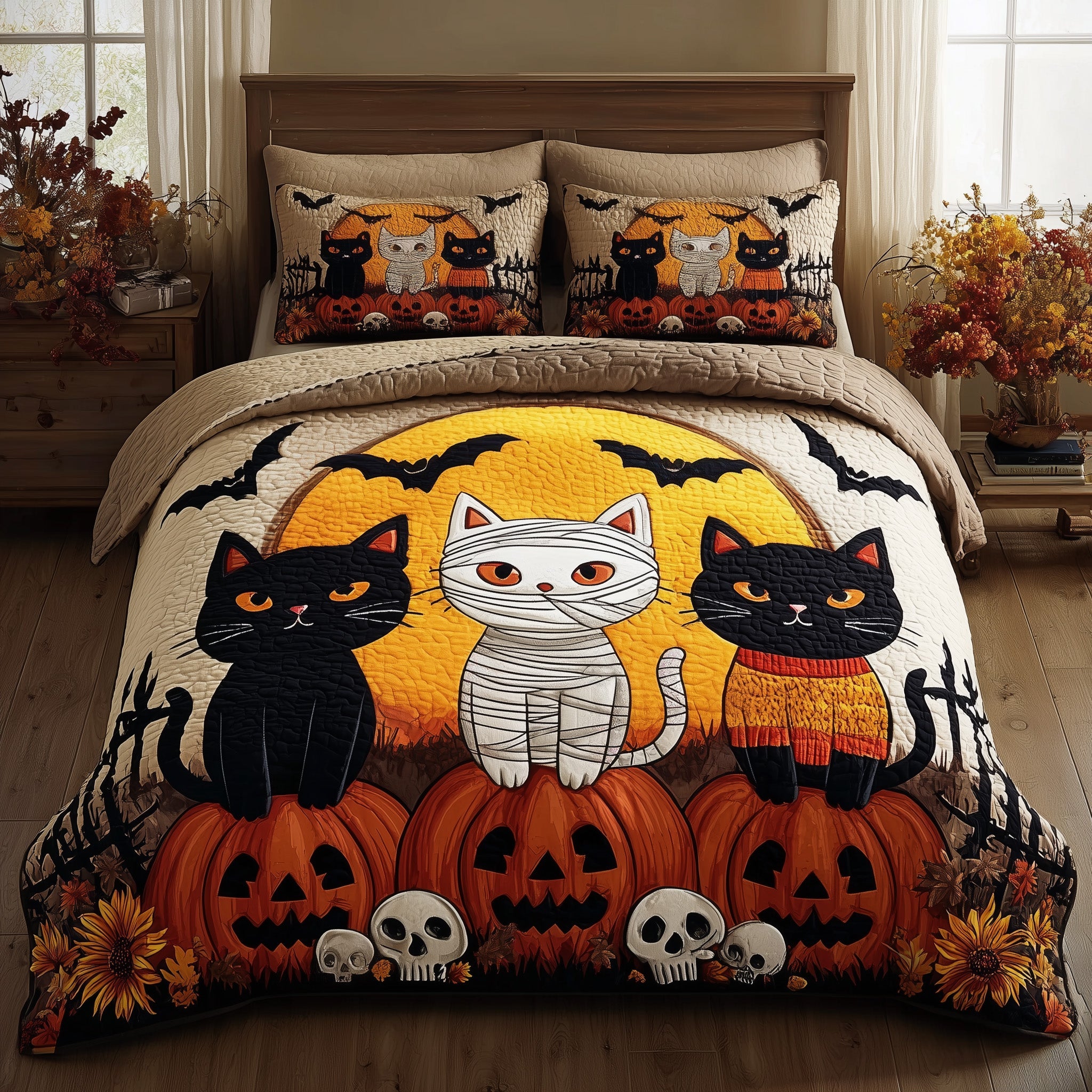 Midnight Cat Quilted Bedding Set Lightweight