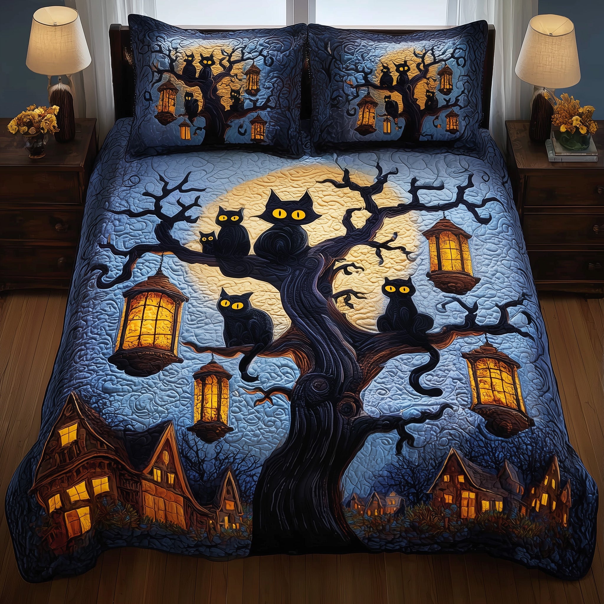 Midnight Cat Quilted Bedding Set Soft & Smooth