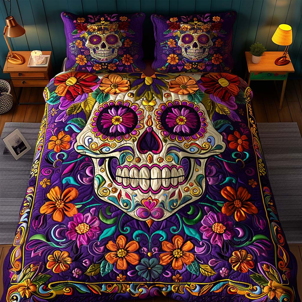 Midnight Celebration Skull Quilted Bedding Set Full Size Comforter Holiday Inspired Gift For Parents