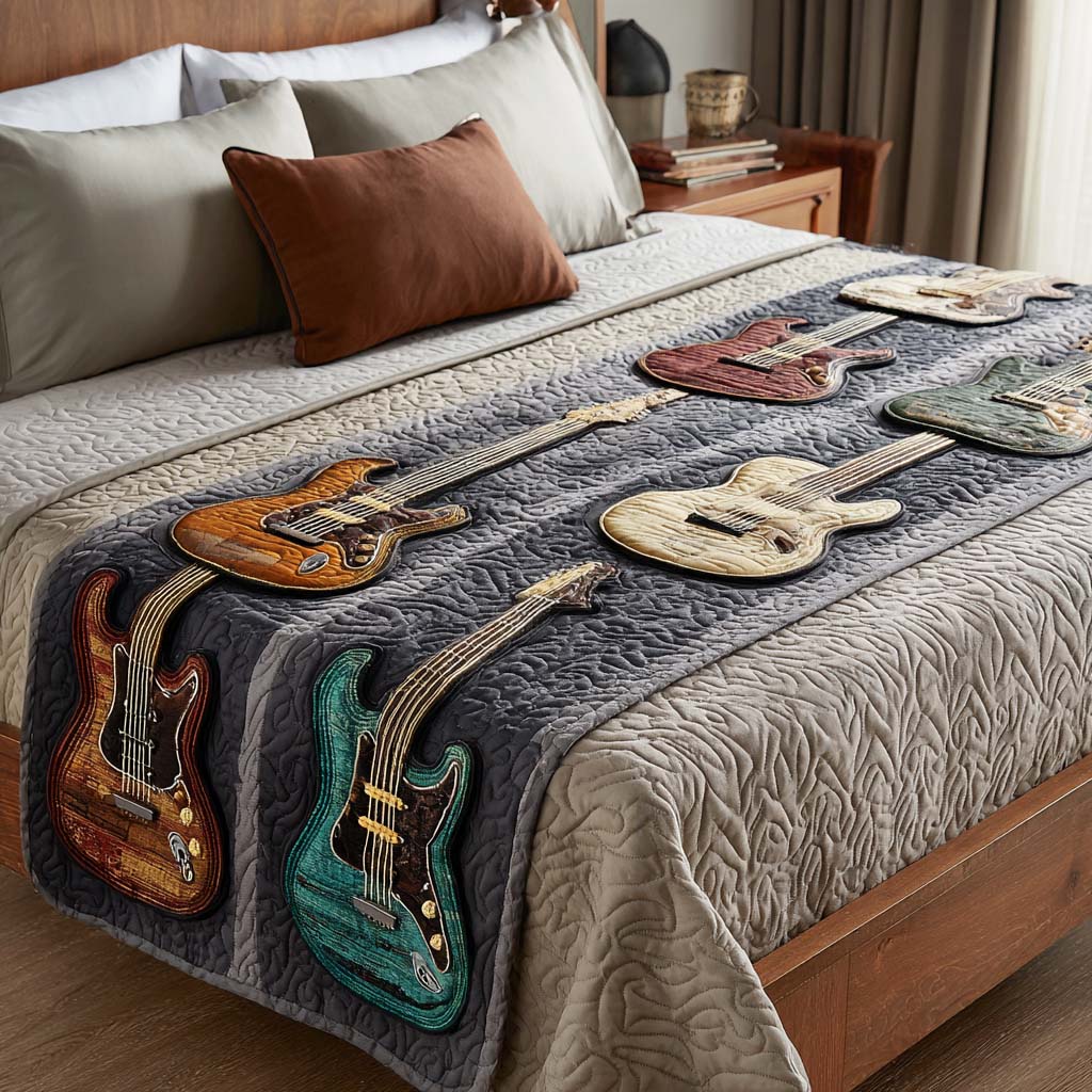 Midnight Chords Quilted Bed Runner Bedroom Decor Great Gift For Guitar Player