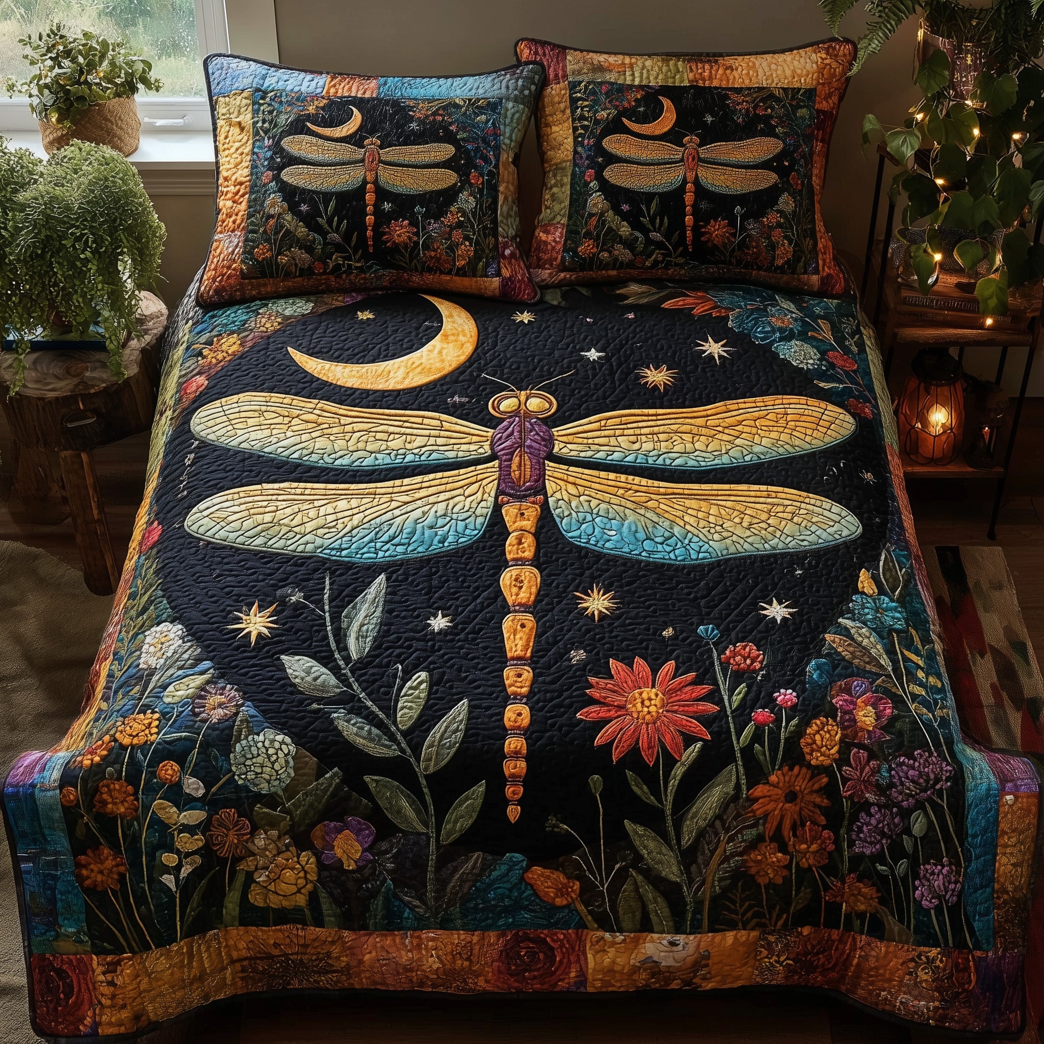 Midnight Dragonfly Quilted Bedding Set Duvet Cover Bedspread Best Dragonfly Gifts For Christmas