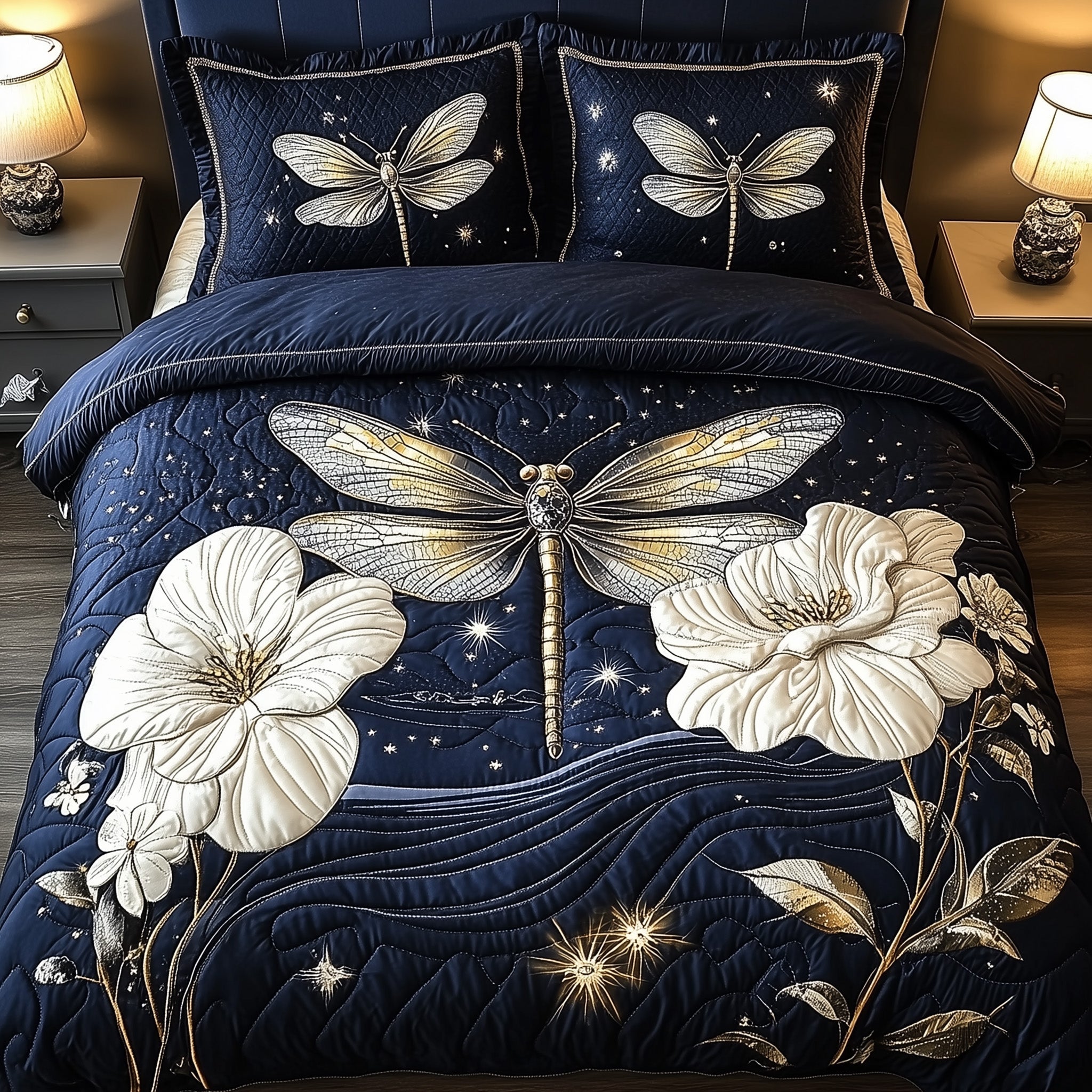 Midnight Dragonfly Quilted Bedding Set Duvet Cover Bedspread Dragonfly Christmas Gifts