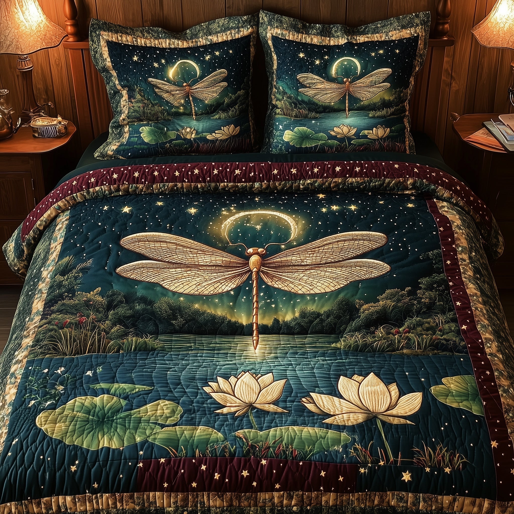 Midnight Dragonfly Quilted Bedding Set Duvet Cover Bedspread Dragonfly Gifts For Her