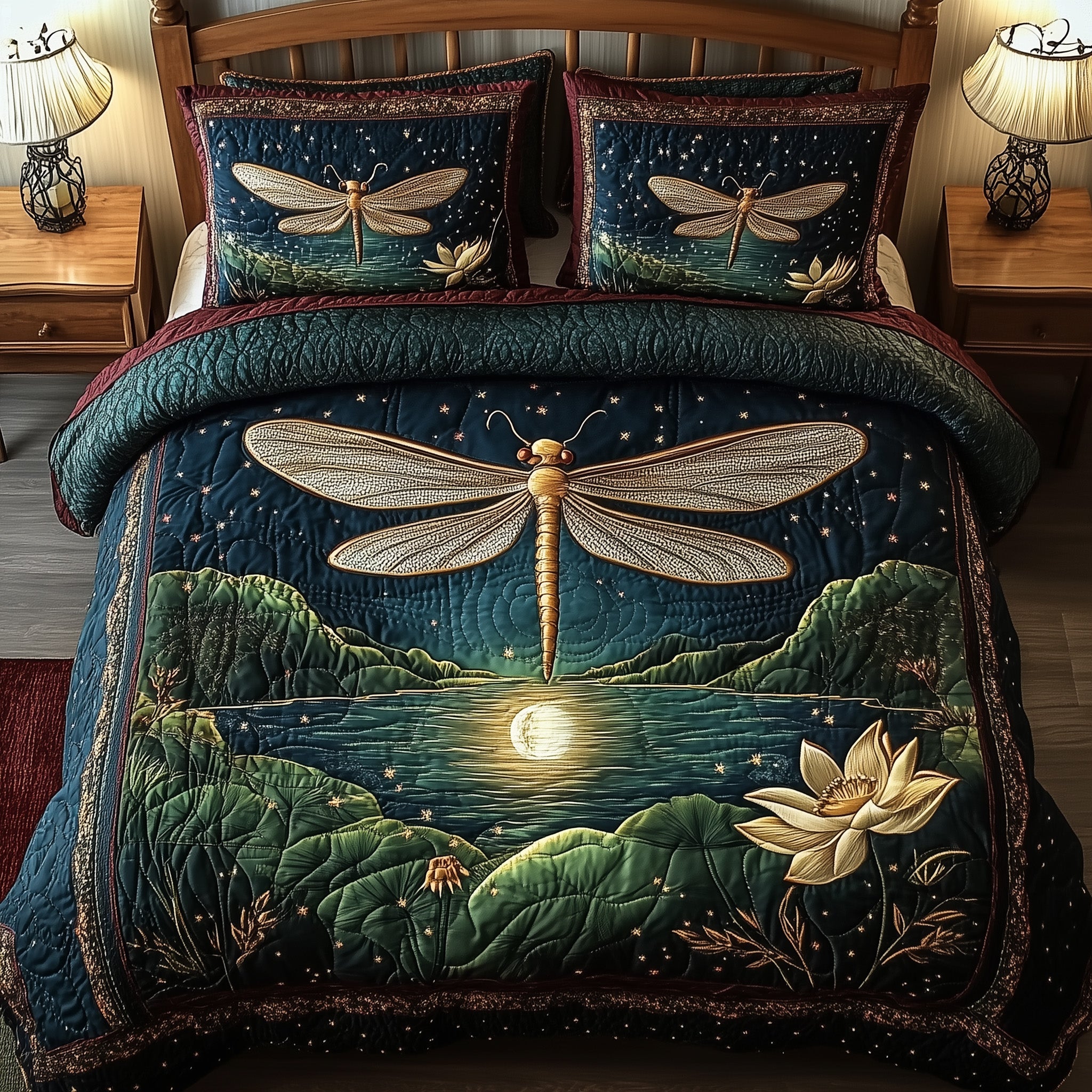 Midnight Dragonfly Quilted Bedding Set Duvet Cover Bedspread Dragonfly Gifts For Him