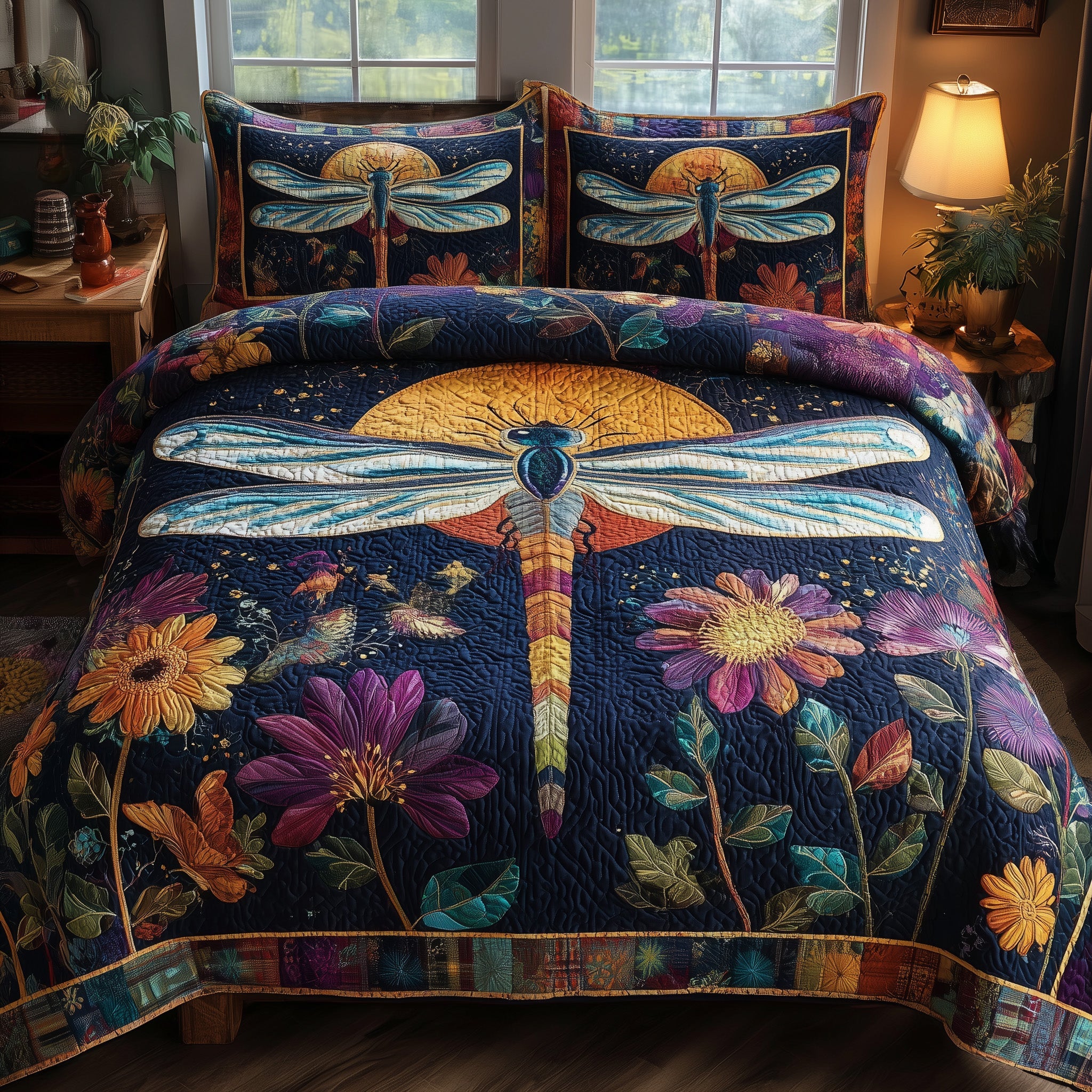 Midnight Dragonfly Quilted Bedding Set Duvet Cover Bedspread Dragonfly Mother's Day Gifts