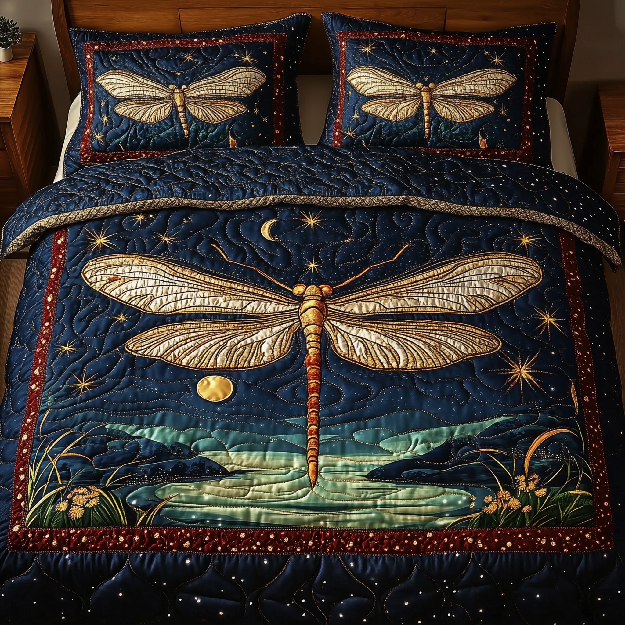 Midnight Dragonfly Quilted Bedding Set Duvet Cover Bedspread Gifts For Dragonfly Lovers