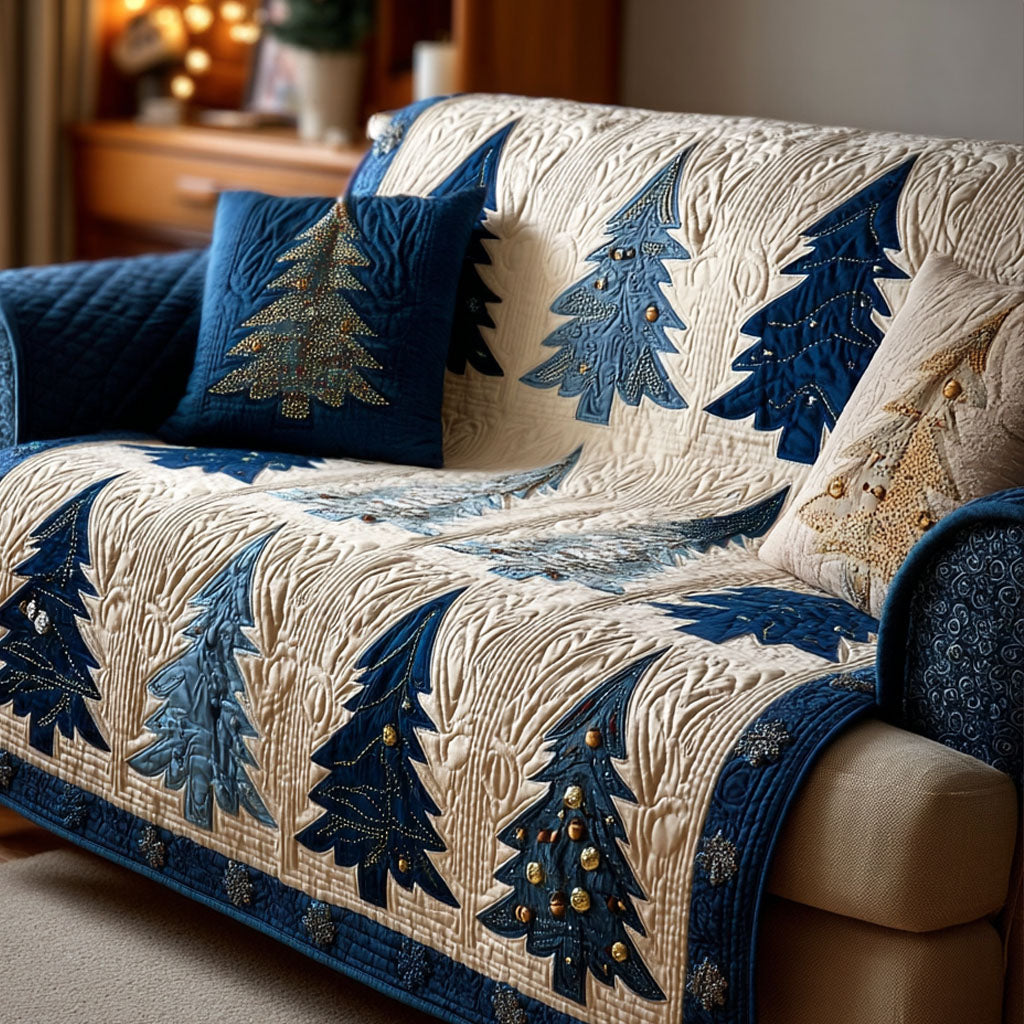 Midnight Evergreen Quilted Sofa Cover Christmas Living Decor Unique Gifts Family