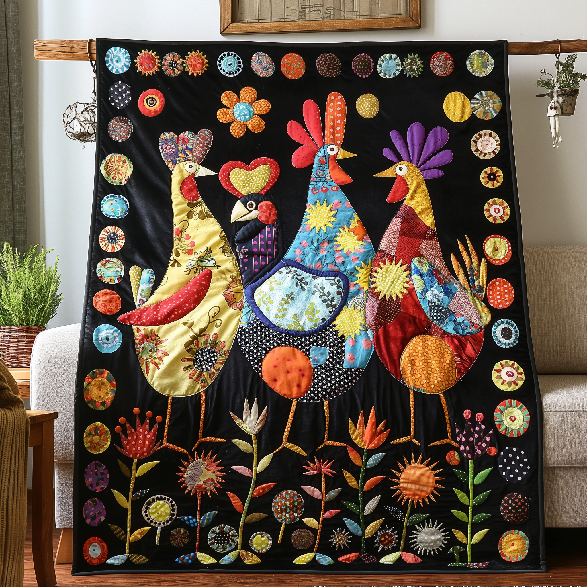 Midnight Garden Chicken Quilted Blanket Presents For Chicken Love