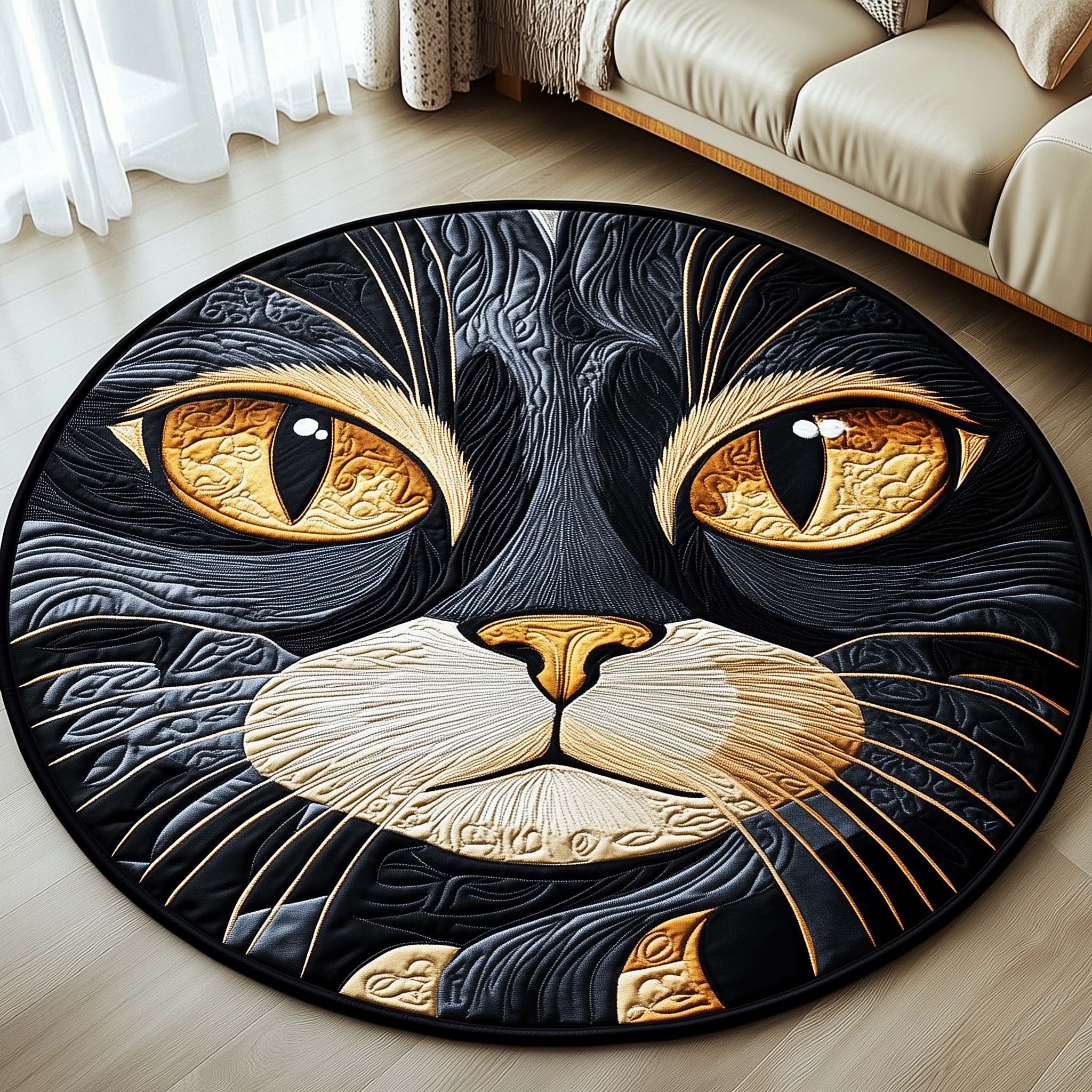 Midnight Gold Cat Quilted Round Mat Soft and Stylish Quilted Round Mat for Home Decor
