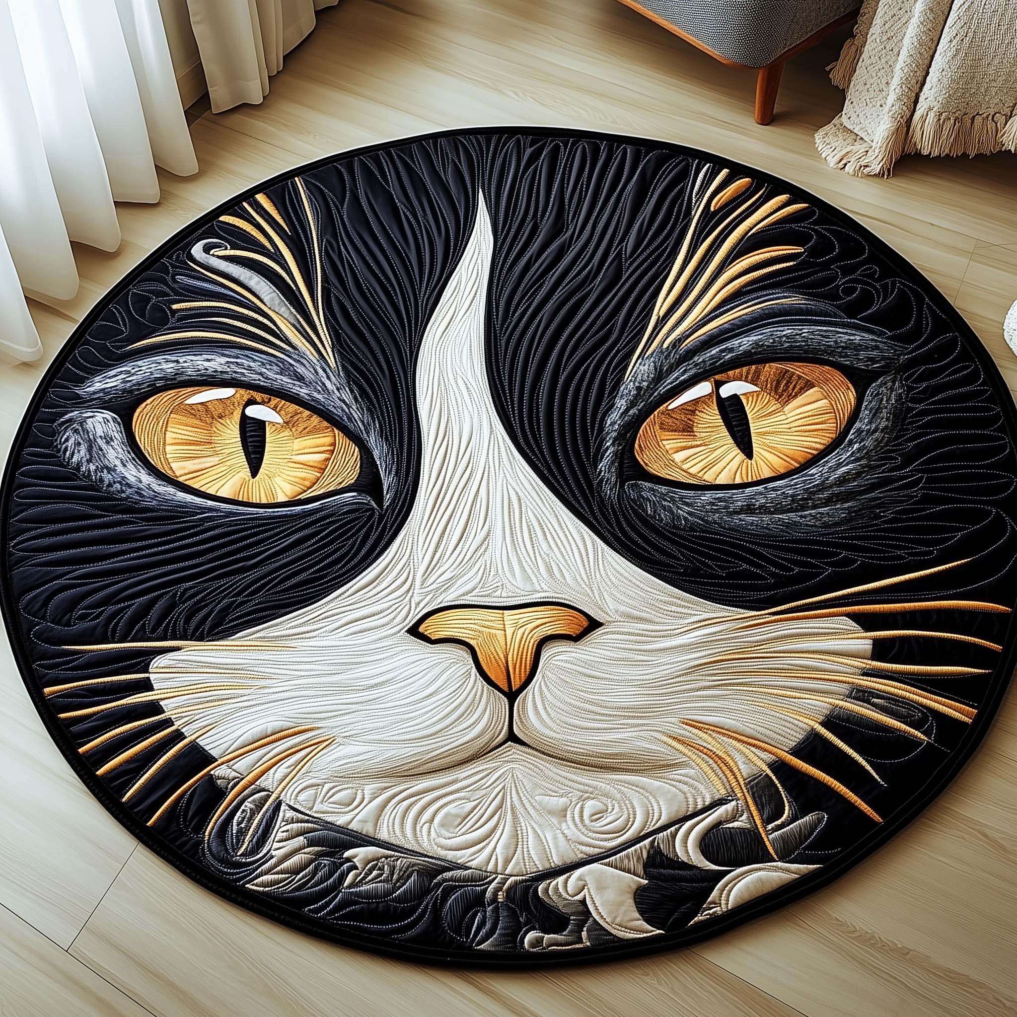 Midnight Gold Cat Quilted Round Mat Trendy Quilted Round Mat That Adds Charm