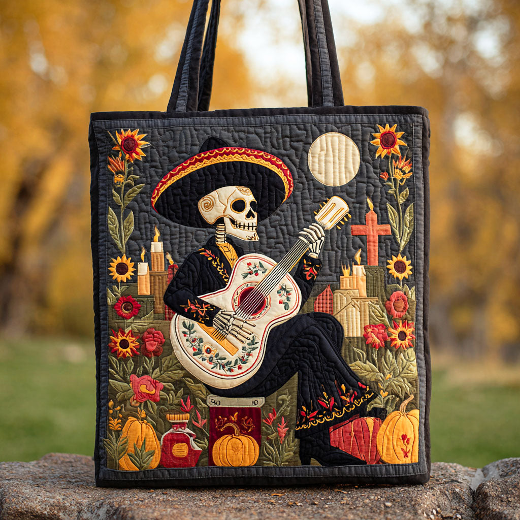 Midnight Guitar Quilted Tote Bag Skull Themed Gifts For Him