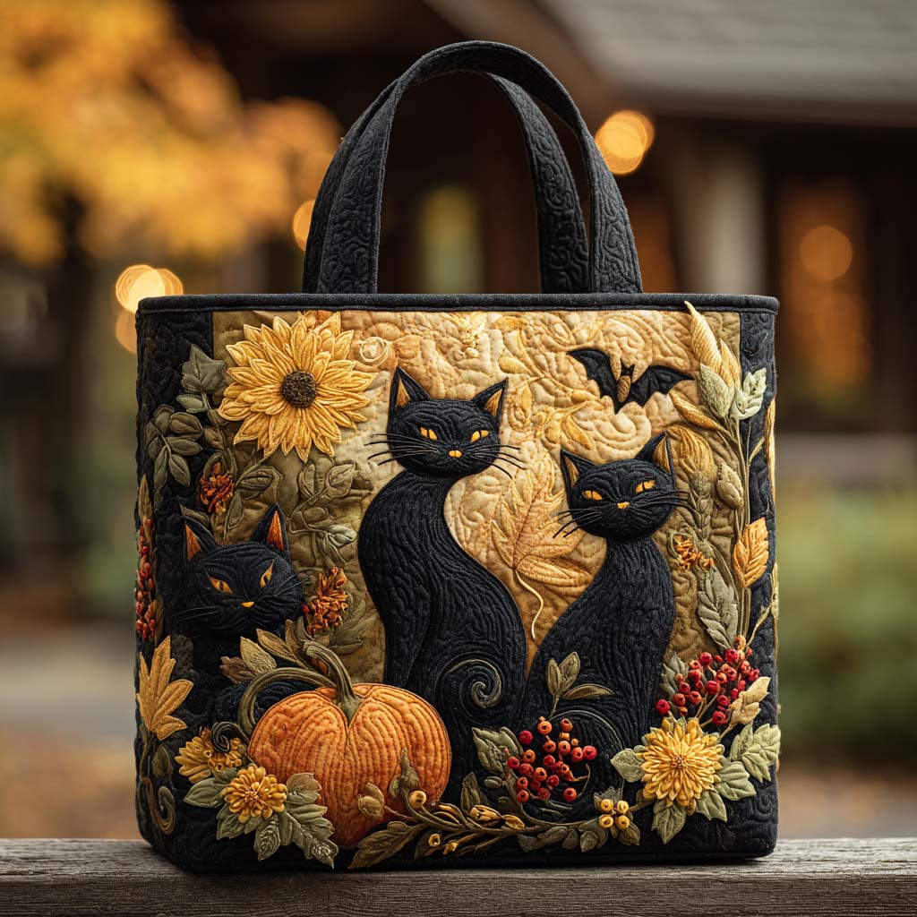 Midnight Harvest Cat Quilted Tote Bag Fall Autumn Season Gifts
