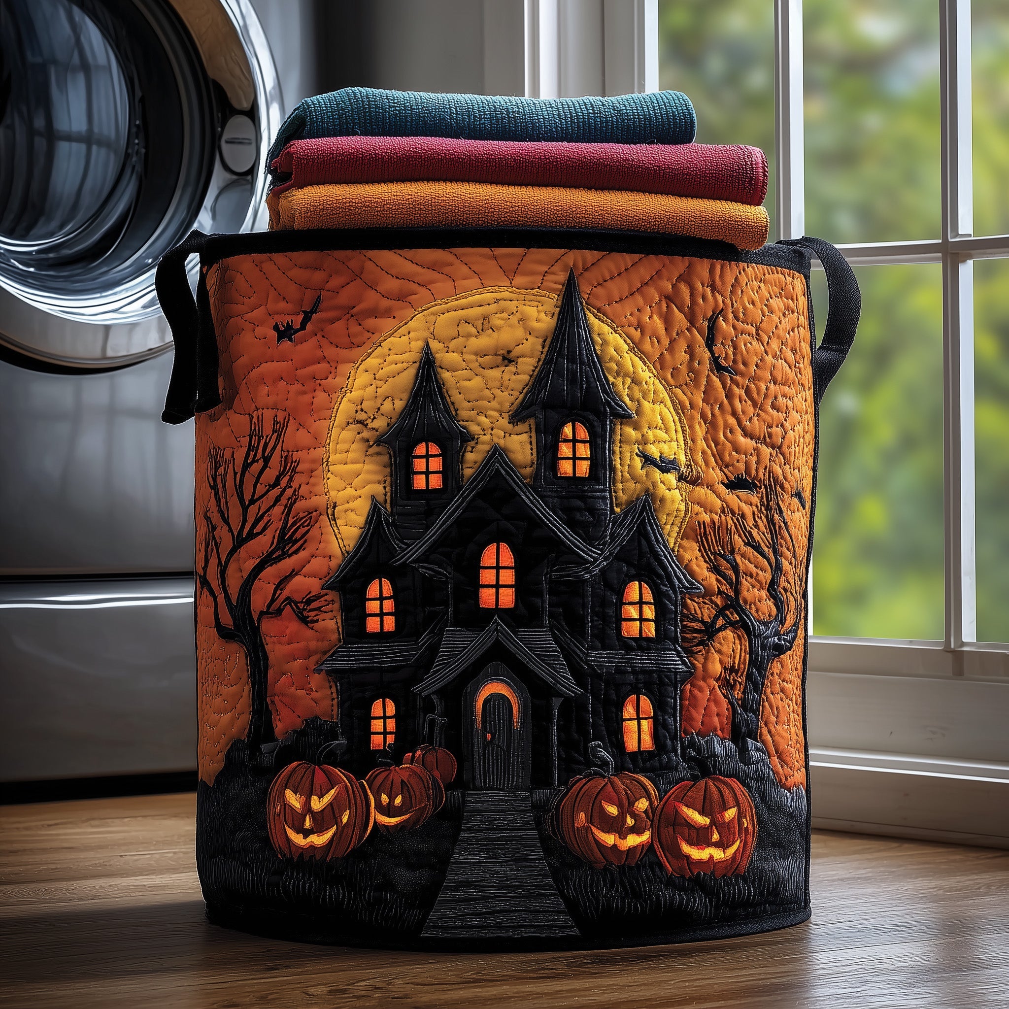 Midnight Haunted House Quilted Laundry Basket Fabric Clothes Basket Haunted House Gifts