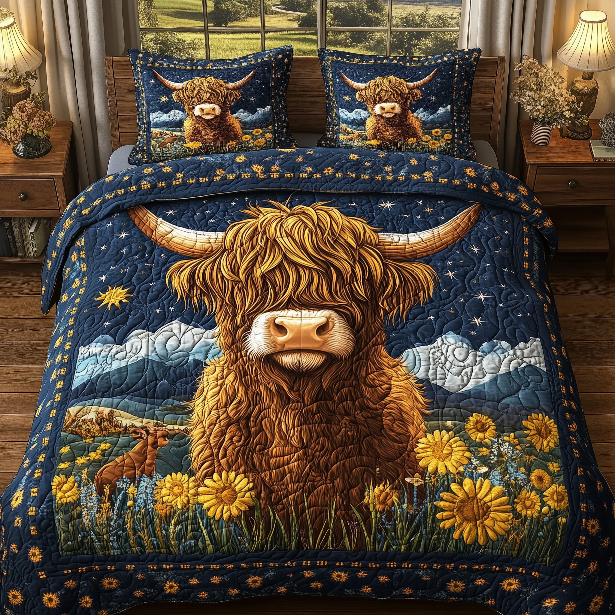 Midnight Highland Cow Quilted Bedding Set Duvet Cover Bedspread Cow Gifts For Cow Lovers