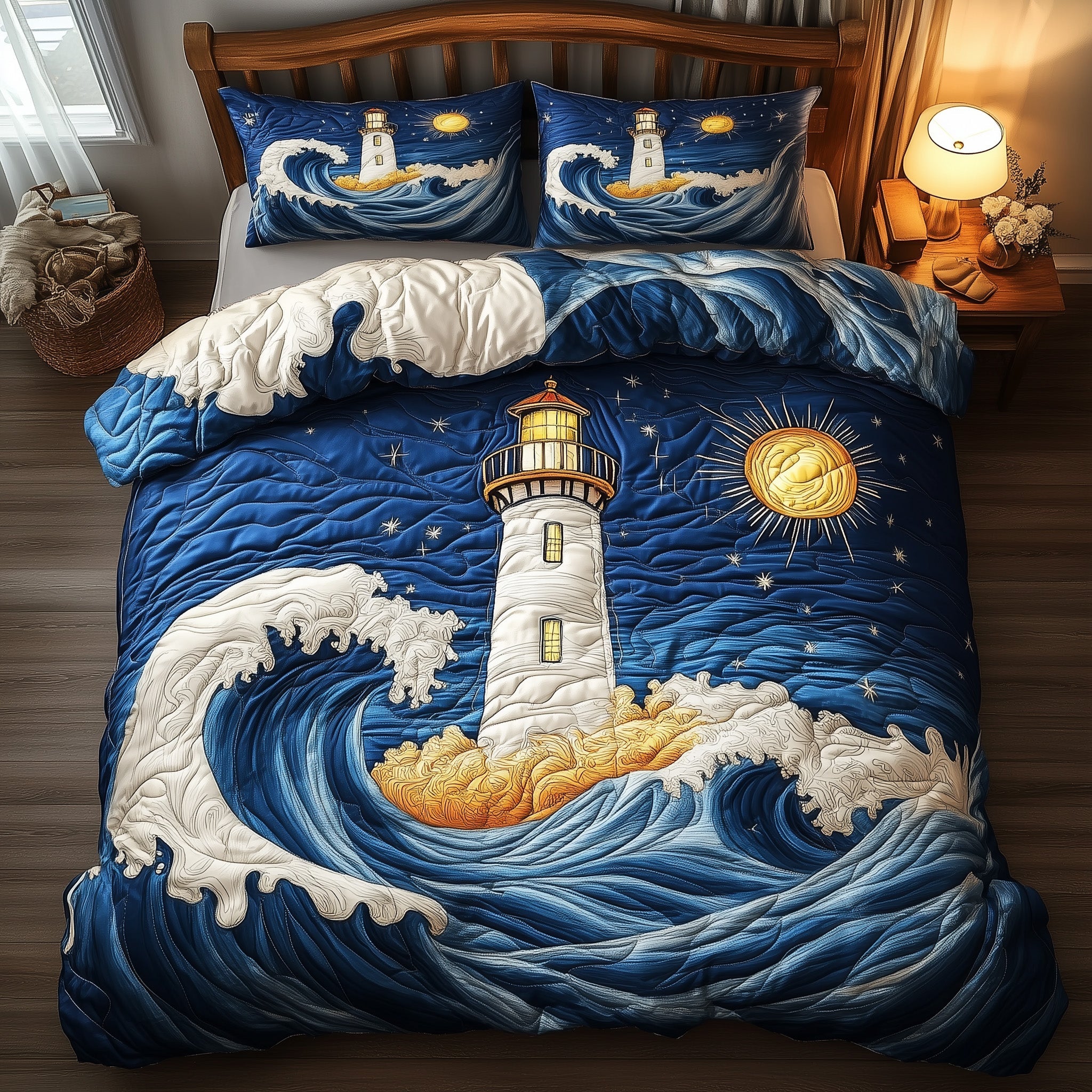 Midnight Lighthouse Quilted Bedding Set Starry Sky Lighthouse Decor Bedding Gifts