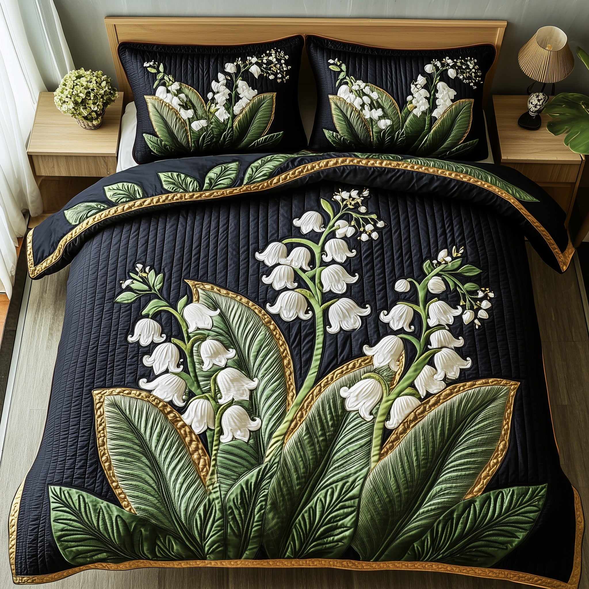 Midnight Lily of the Valley Quilted Bedding Set Duvet Cover Bedspread Best Christmas Gifts For Girlfriend