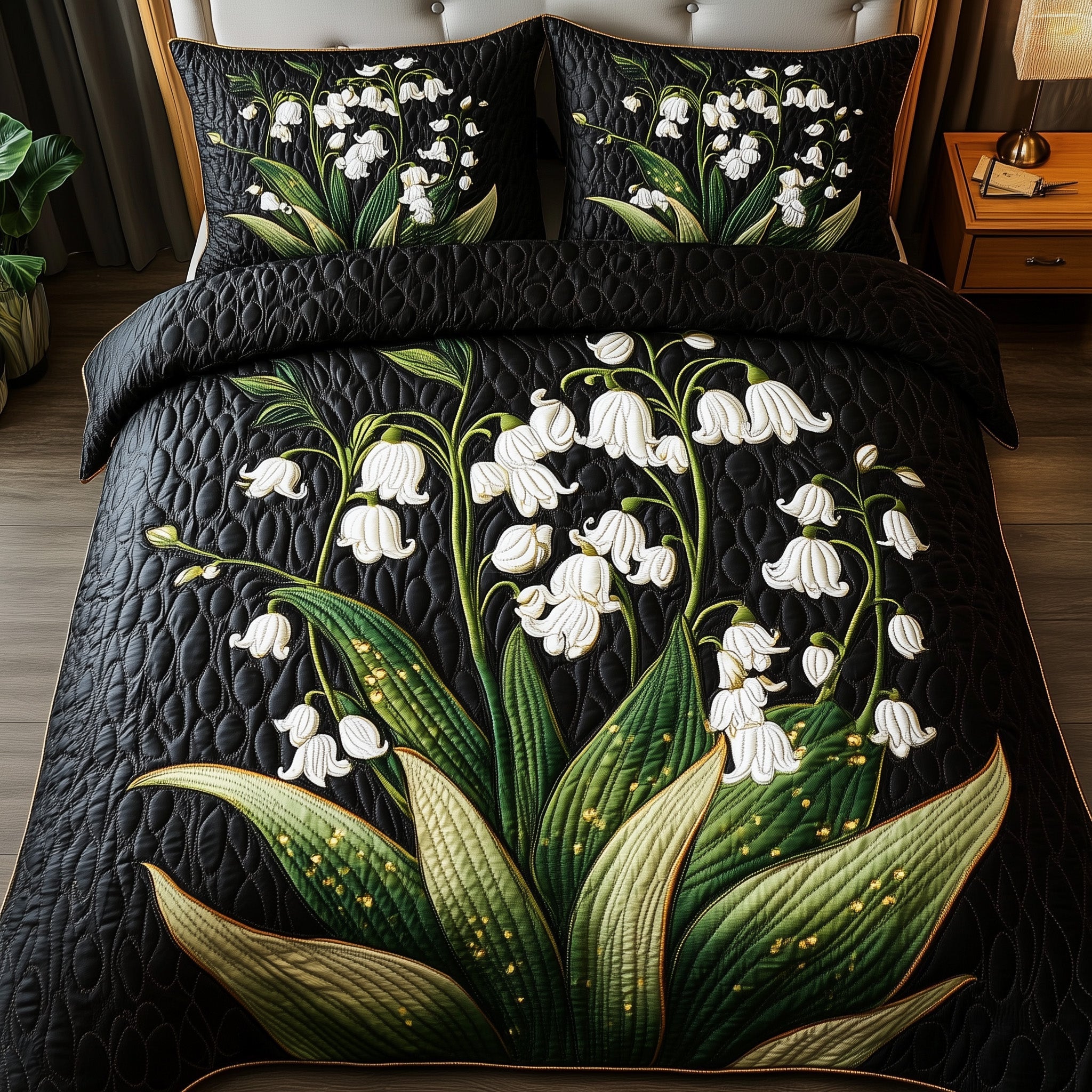 Midnight Lily of the Valley Quilted Bedding Set Duvet Cover Bedspread Christmas Gift Ideas For Girlfriend