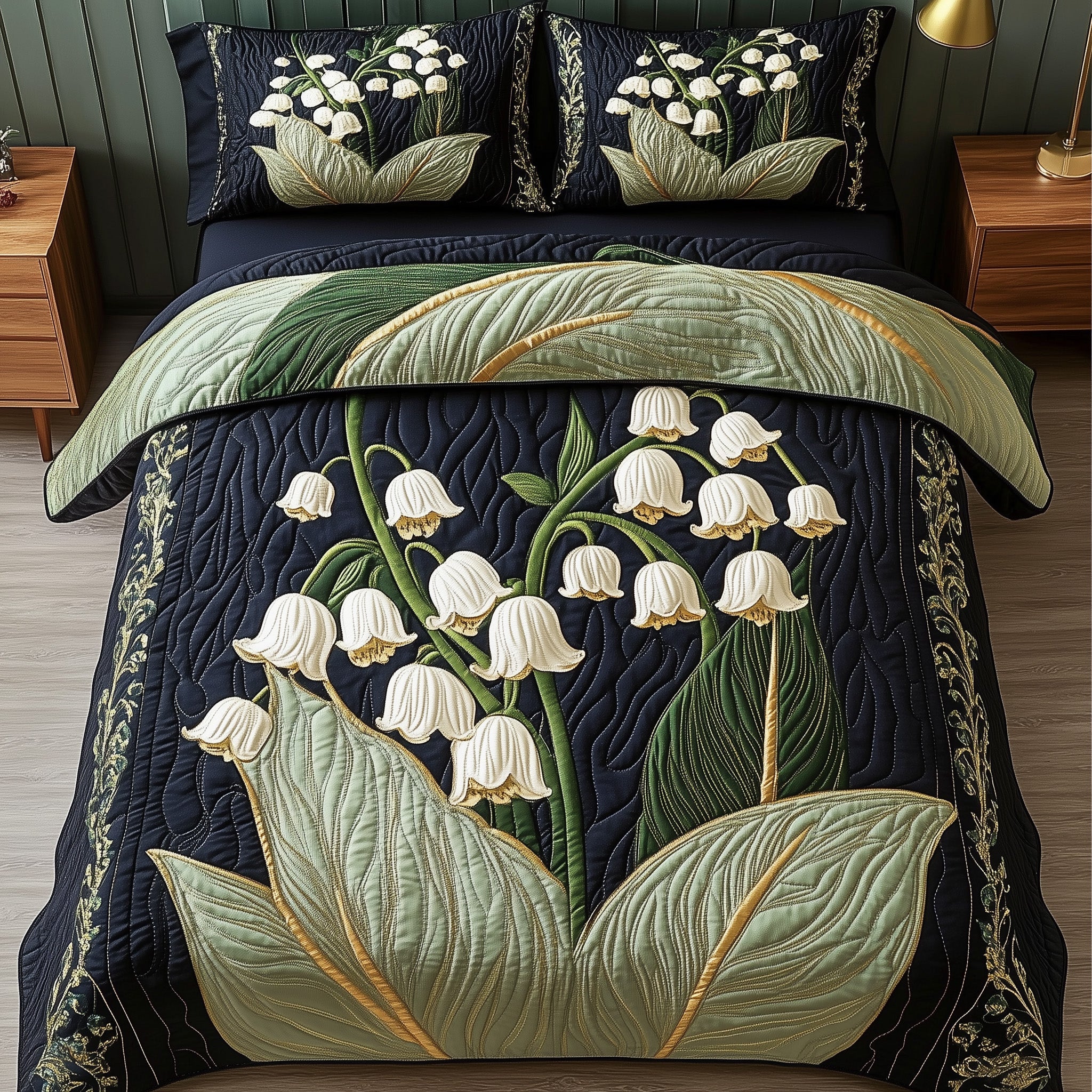 Midnight Lily of the Valley Quilted Bedding Set Duvet Cover Bedspread Christmas Gifts For My Wife