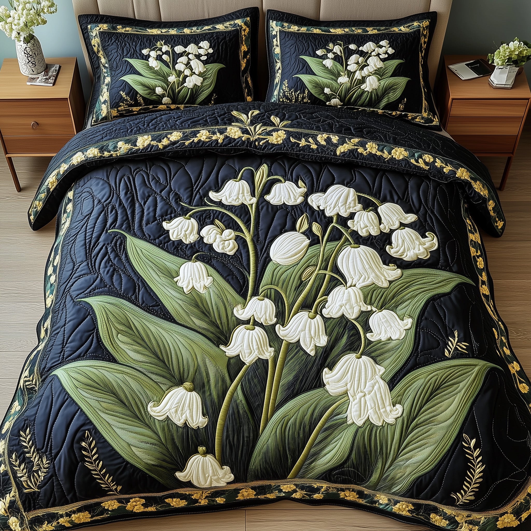 Midnight Lily of the Valley Quilted Bedding Set Duvet Cover Bedspread Good Christmas Gifts For Mom