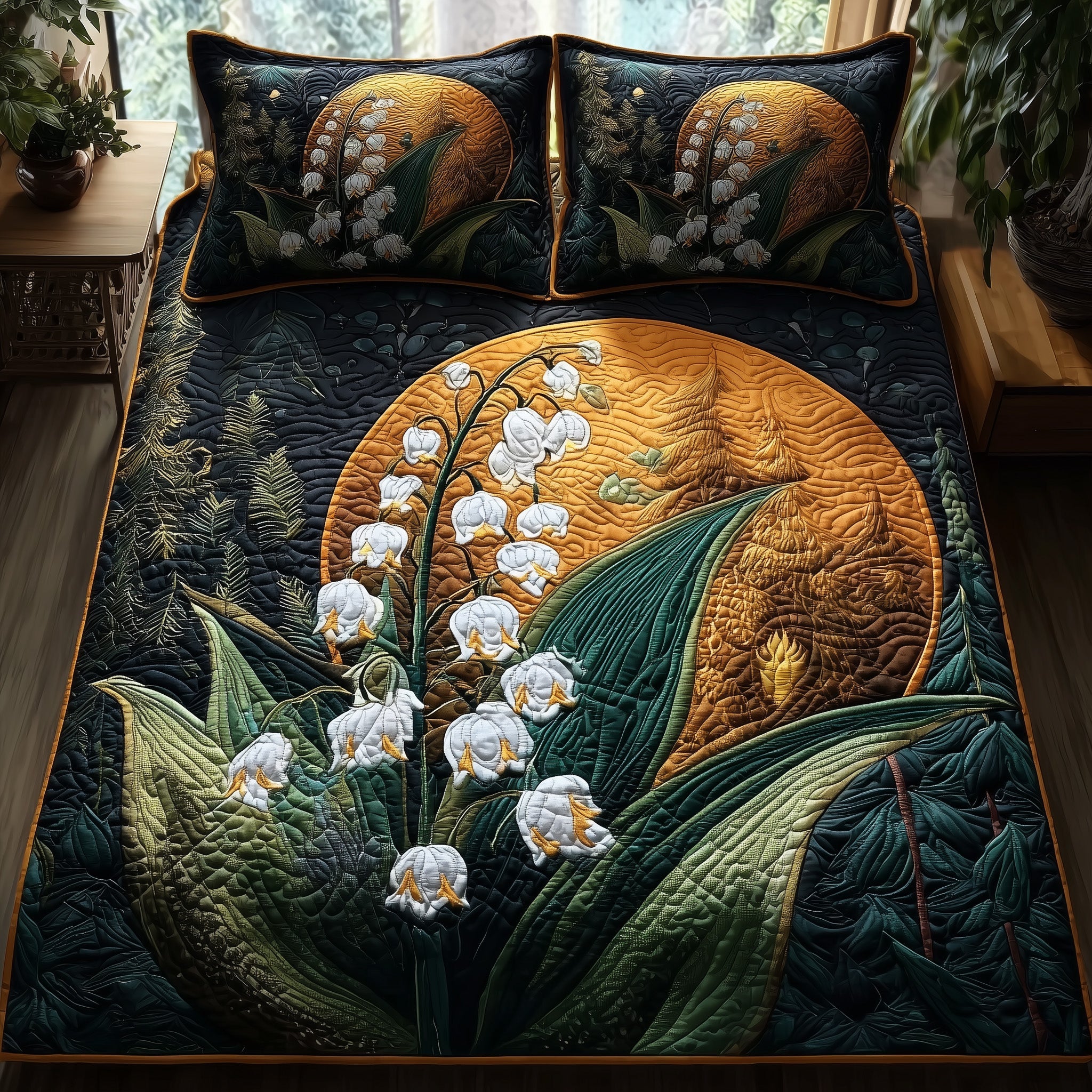 Midnight Lily Of The Valley Quilted Bedding Set Striped Design