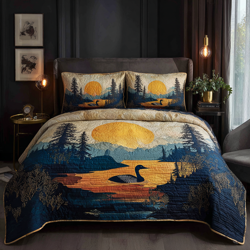 Midnight Loon Quilted Bedding Set Best Bedspread Set Best Gifts For Bird Lovers