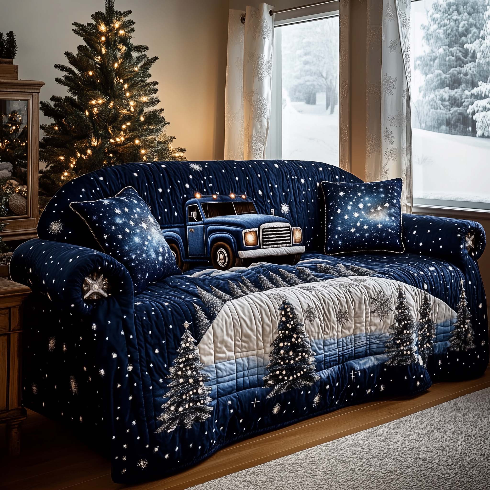 Midnight Magical Truck Quilted Sofa Cover Enchanted Christmas Truck Gift For Christmas Holiday
