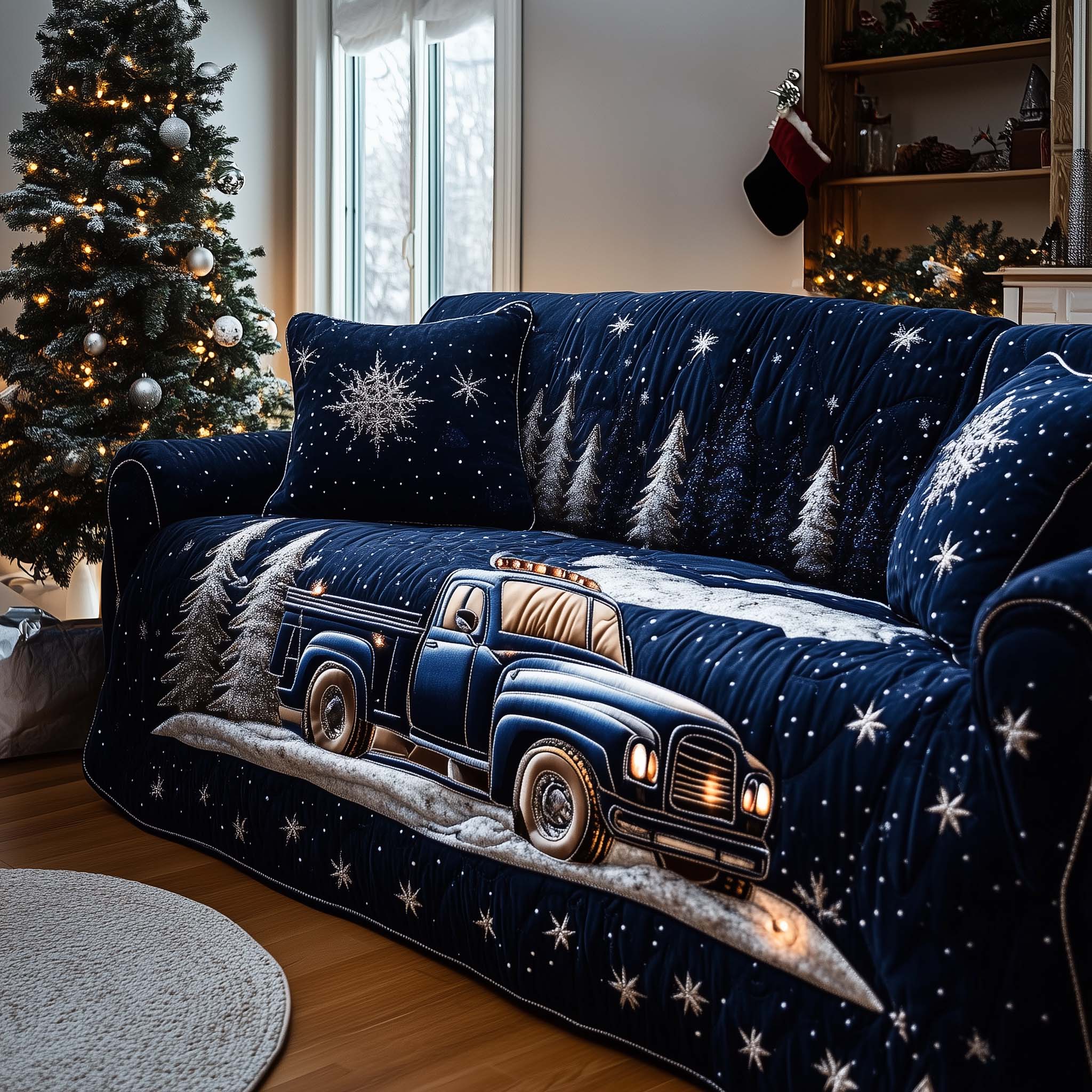 Midnight Magical Truck Quilted Sofa Cover Starry Night Holiday Haul Gift For Xmas Festival