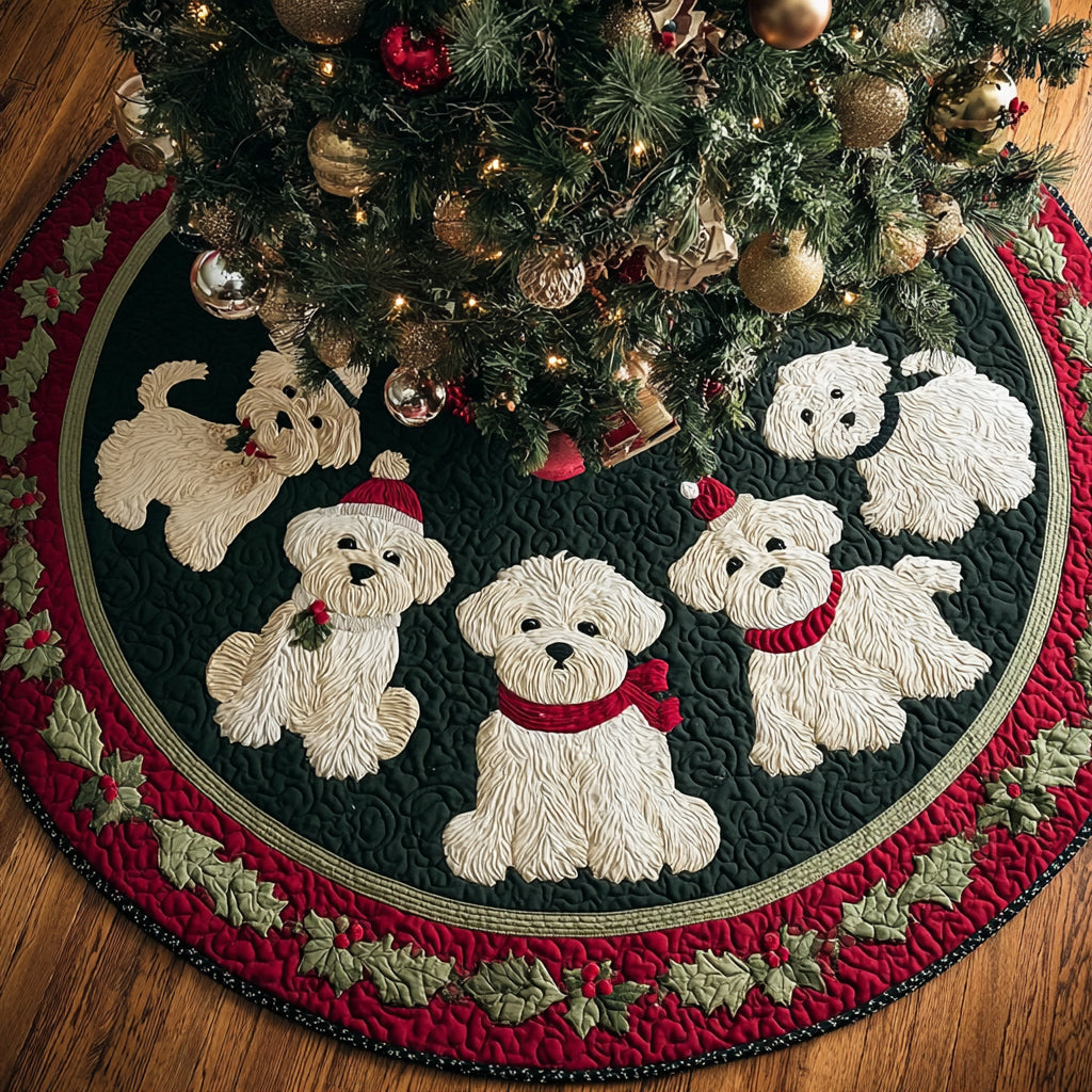 Midnight Maltese Cheer Quilted Christmas Tree Skirt Holiday Home Decor Presents For People With Dogs