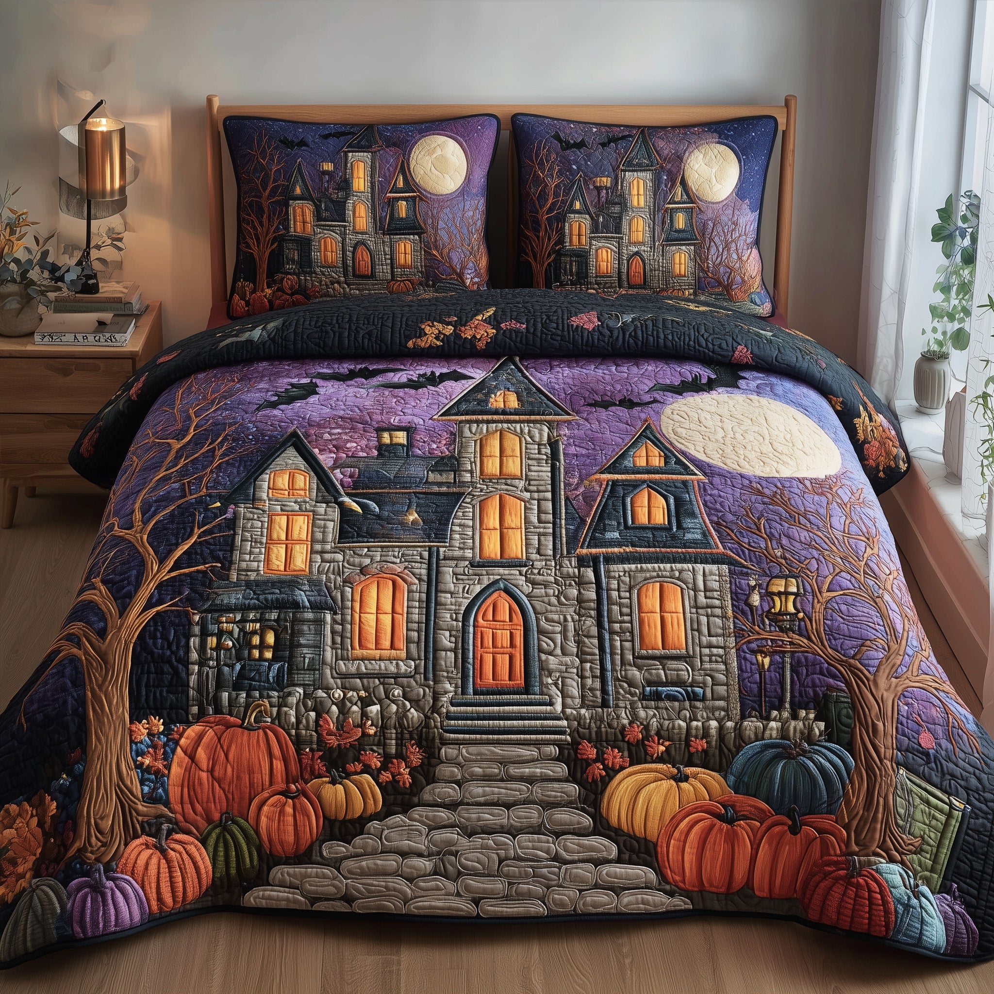 Midnight Manor Quilted Bedding Set Duvet Cover Bedspread Gifts For Halloween Lovers Witch