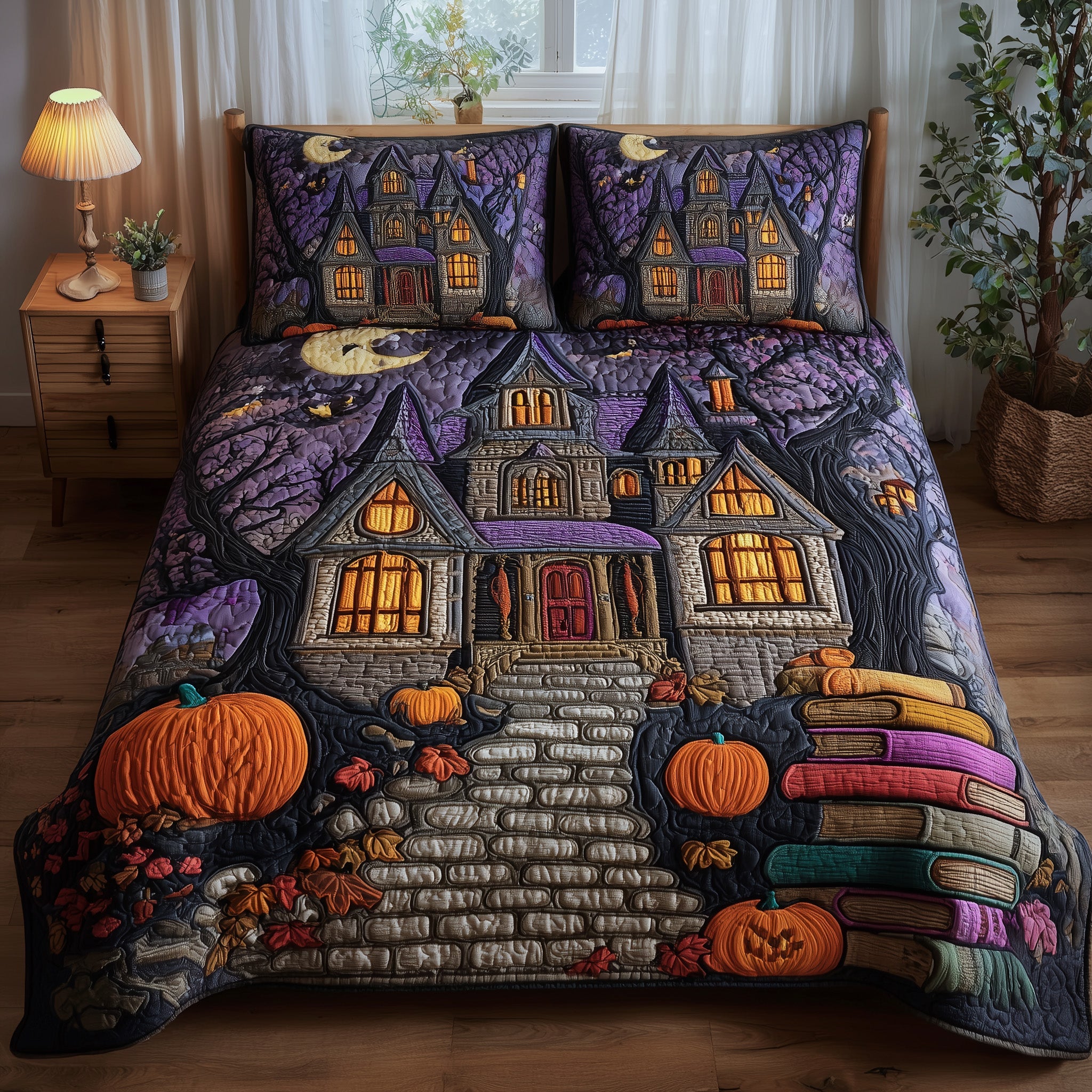 Midnight Manor Quilted Bedding Set Duvet Cover Bedspread Halloween Theme Witch Gifts